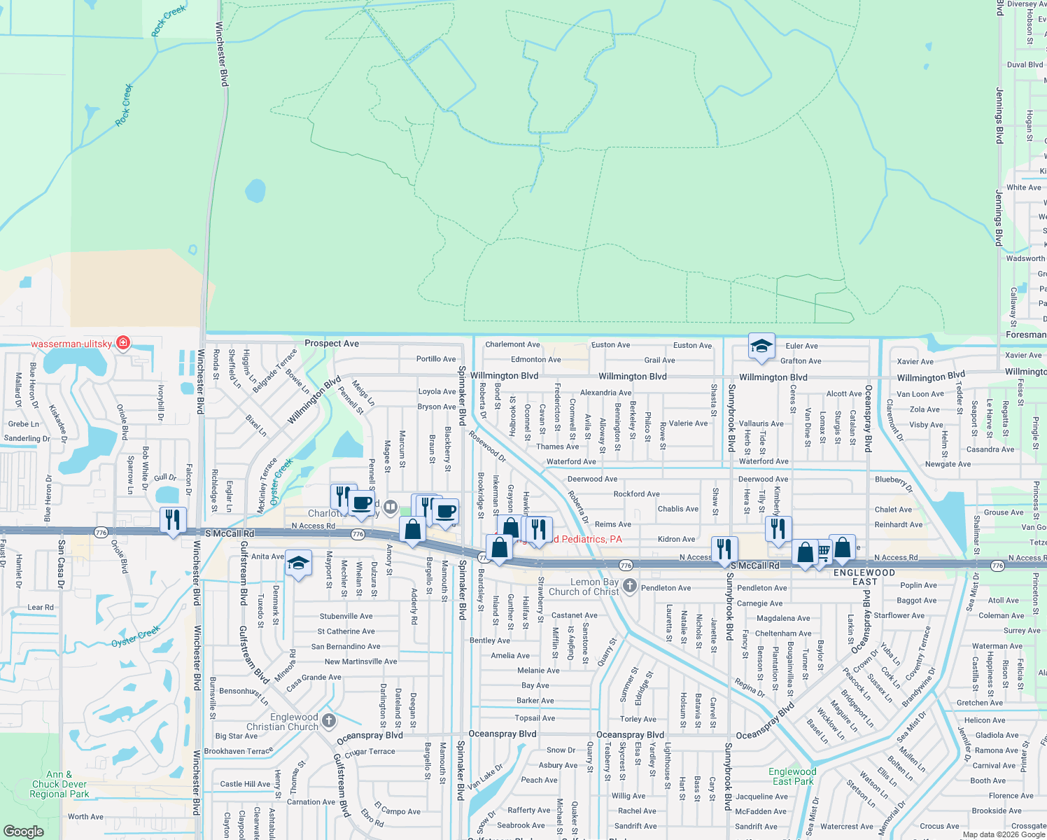 map of restaurants, bars, coffee shops, grocery stores, and more near 6175 Oconnel Street in Englewood