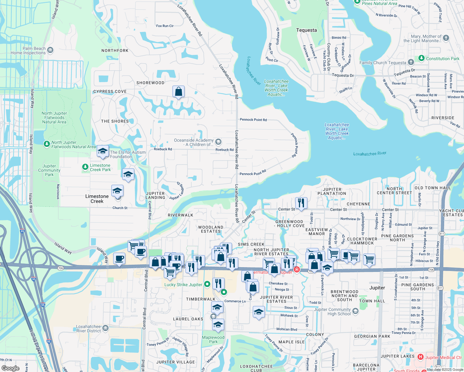 map of restaurants, bars, coffee shops, grocery stores, and more near 5792 Senegal Drive in Jupiter