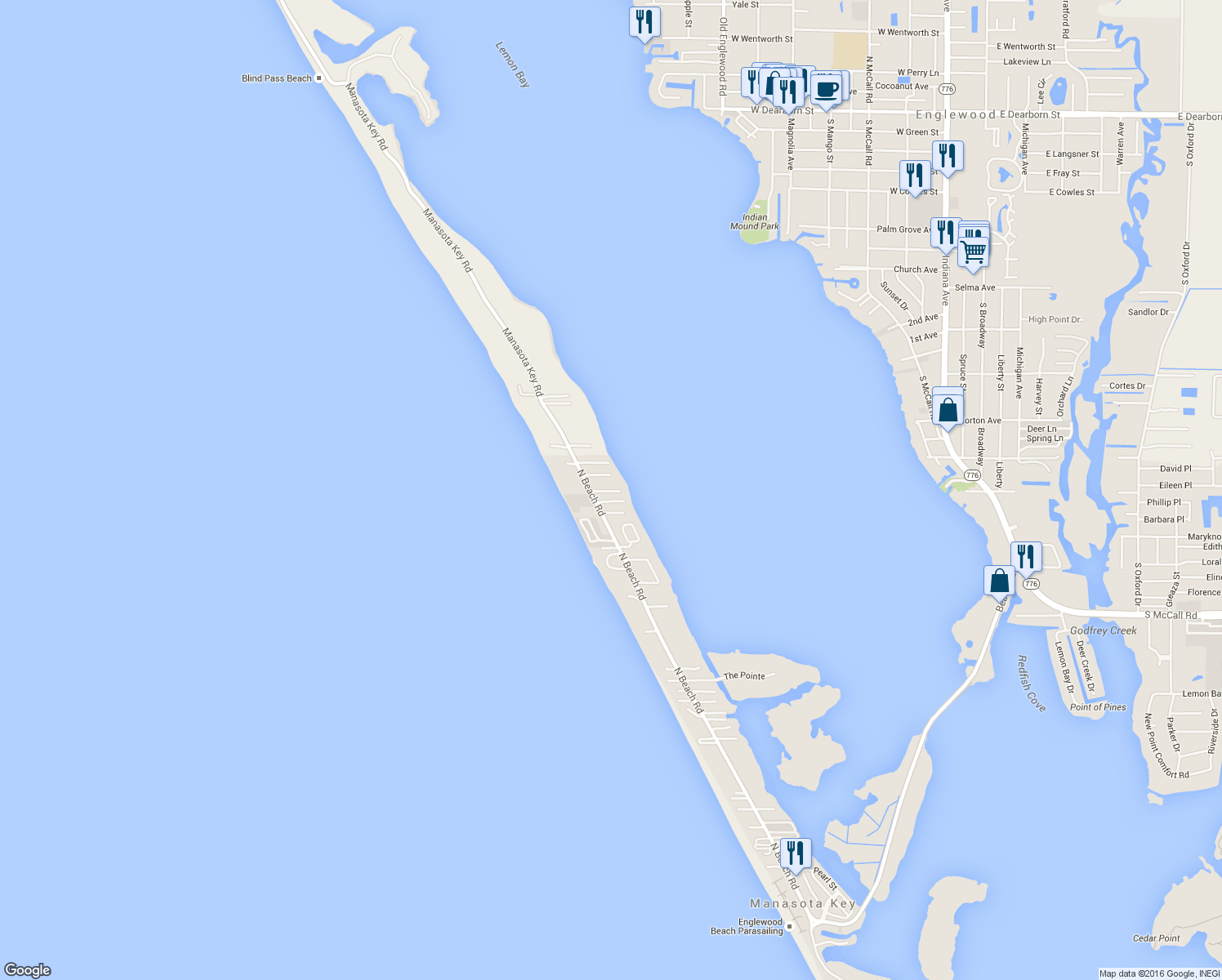 map of restaurants, bars, coffee shops, grocery stores, and more near 5055 North Beach Road in Englewood