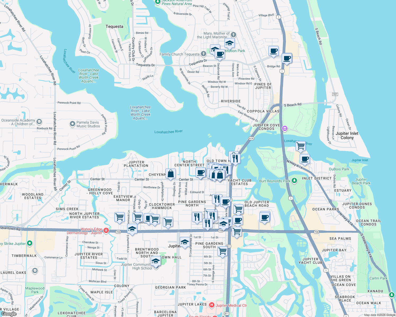 map of restaurants, bars, coffee shops, grocery stores, and more near 940 Dolphin Dr in Jupiter