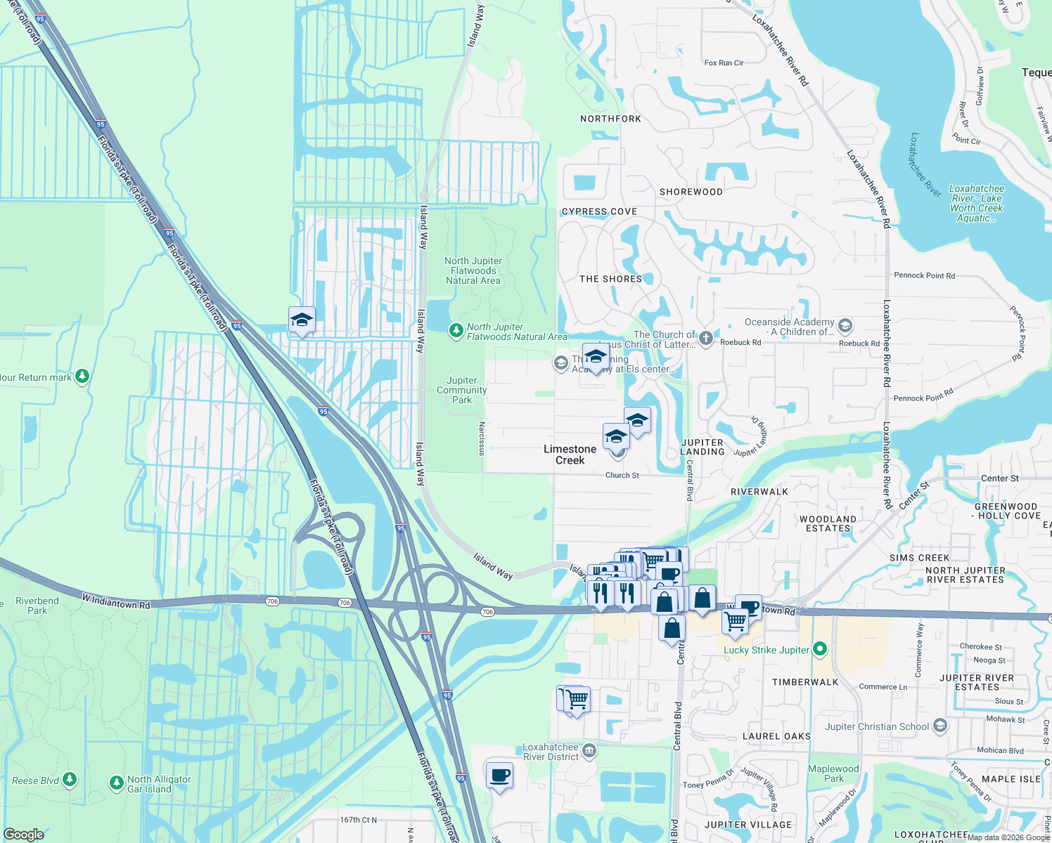 map of restaurants, bars, coffee shops, grocery stores, and more near 7107 181st Street in Jupiter