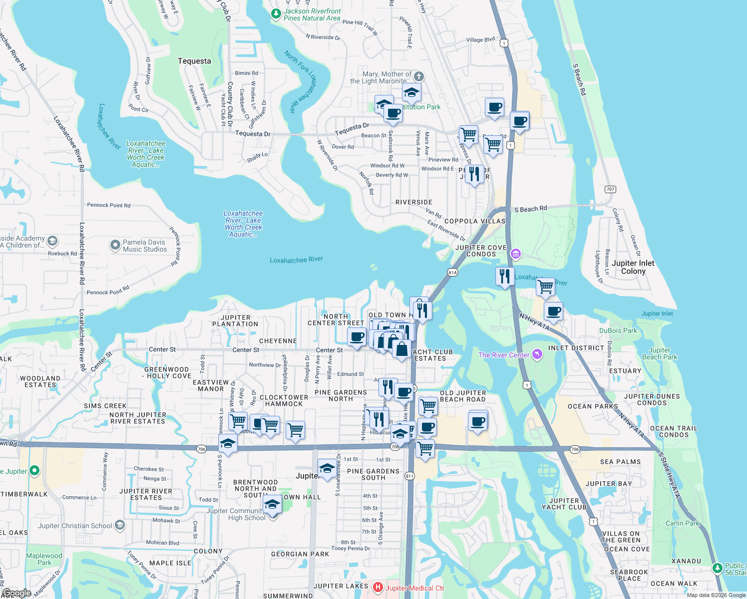 map of restaurants, bars, coffee shops, grocery stores, and more near 954 Marlin Drive in Jupiter