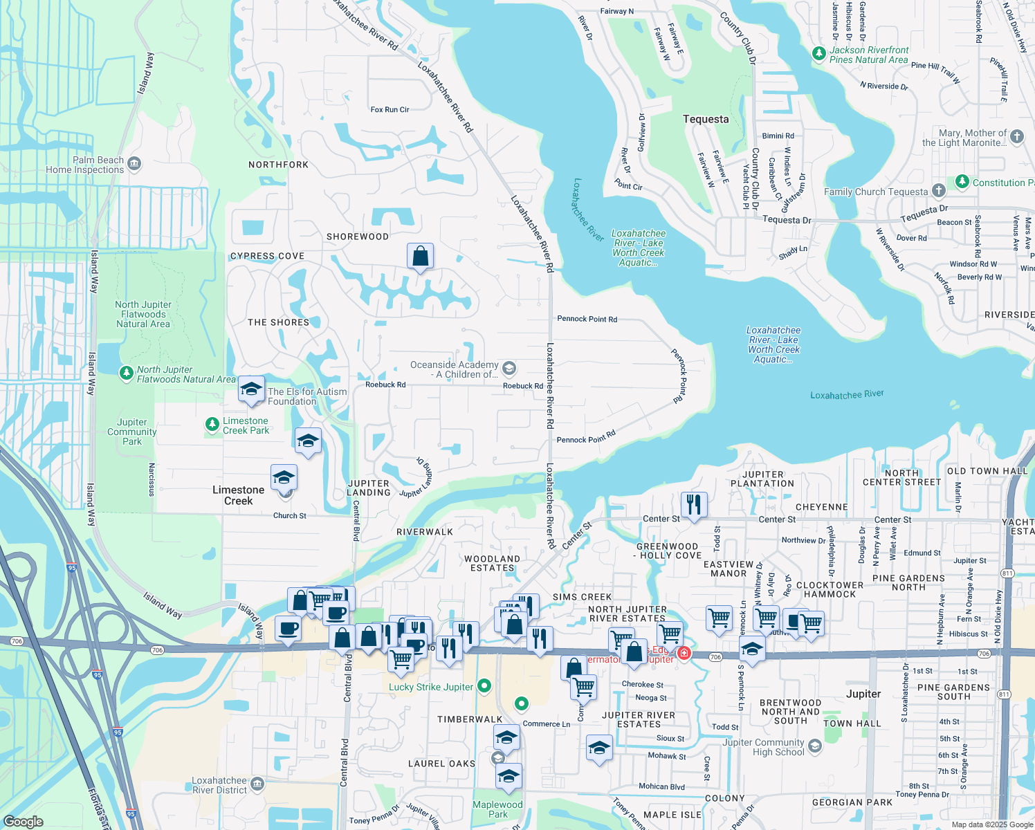 map of restaurants, bars, coffee shops, grocery stores, and more near 5816 Set-N-Sun Place in Jupiter