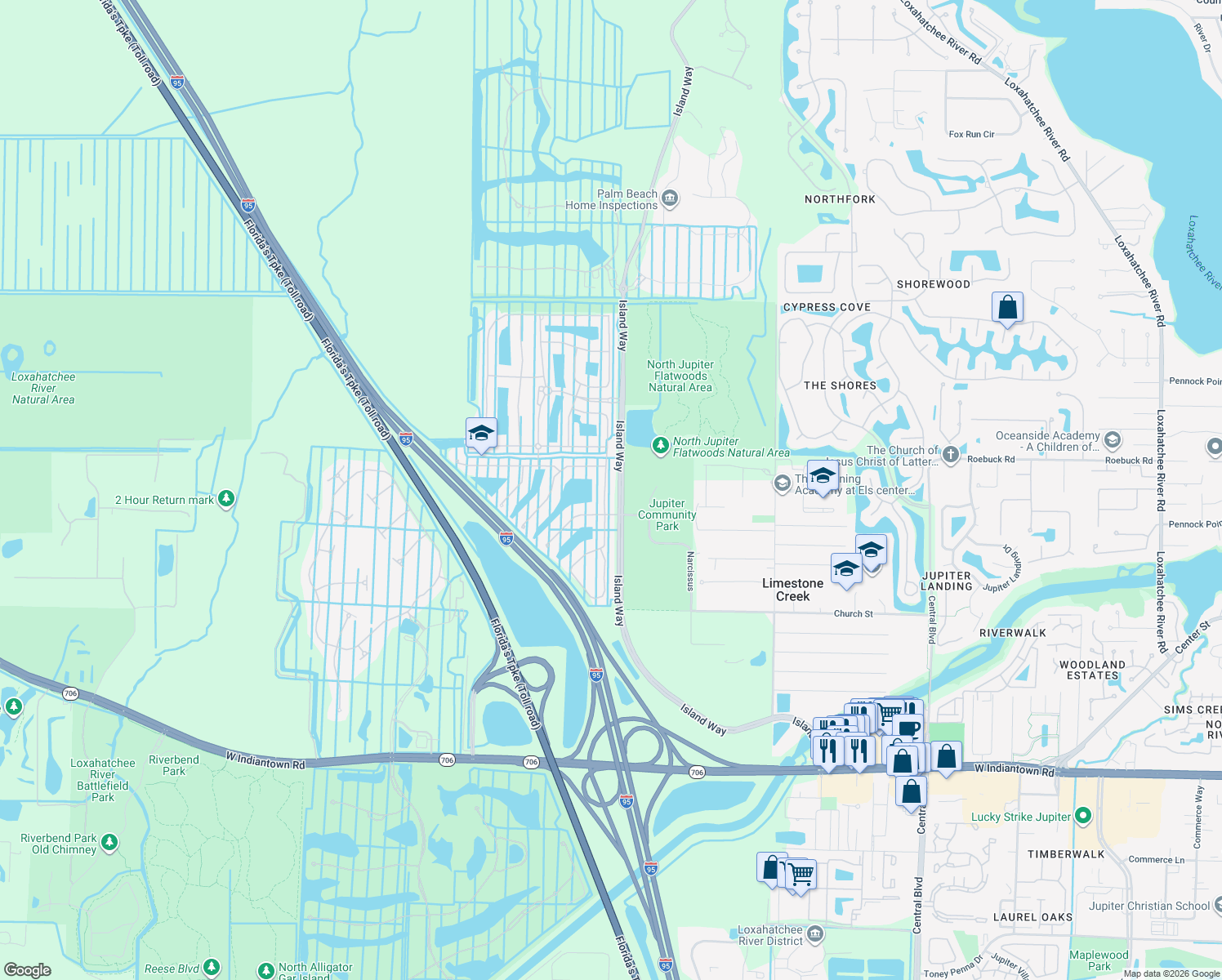 map of restaurants, bars, coffee shops, grocery stores, and more near 275 Rudder Cay Way in Jupiter