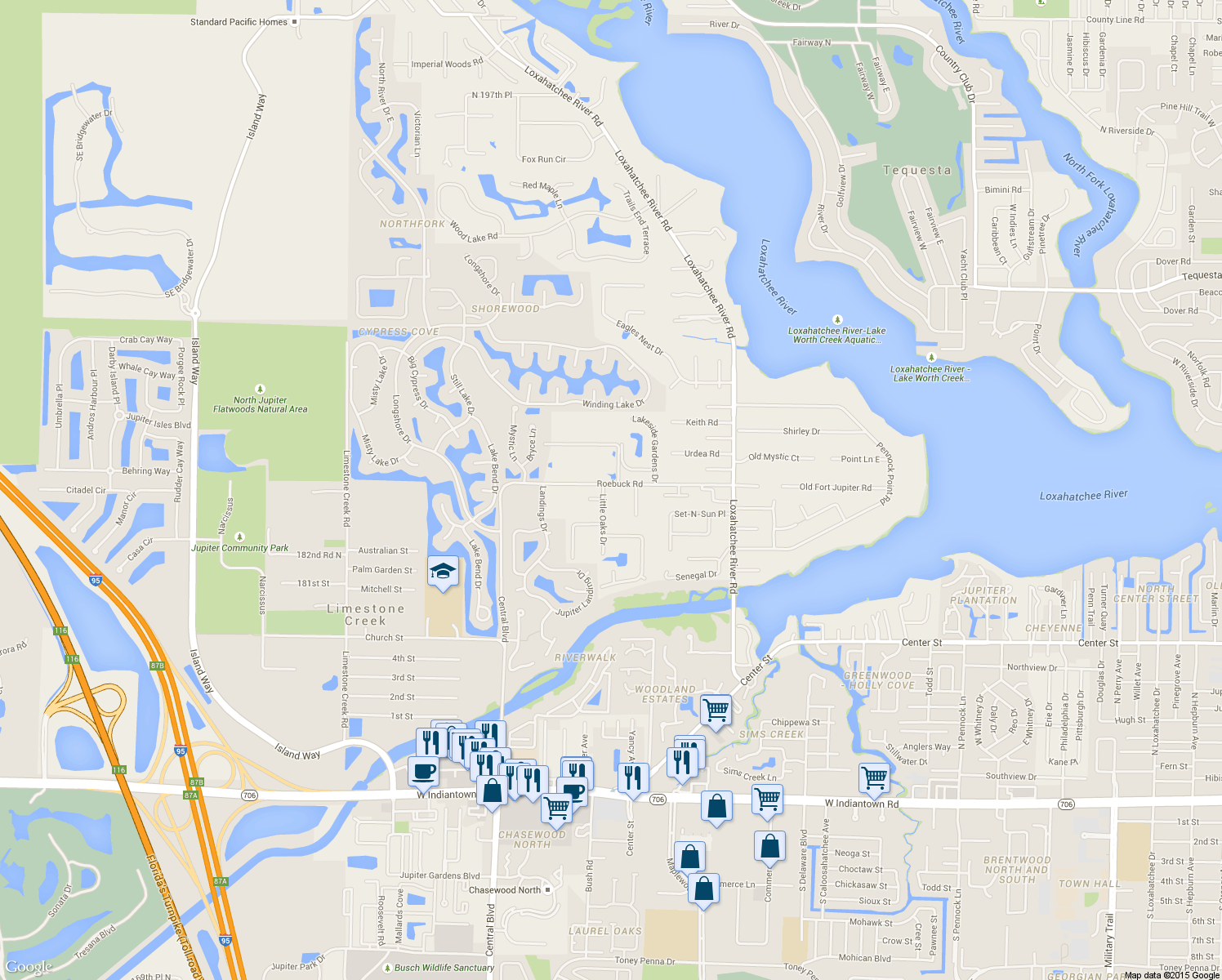 map of restaurants, bars, coffee shops, grocery stores, and more near 18490 Little Oaks Drive in Jupiter