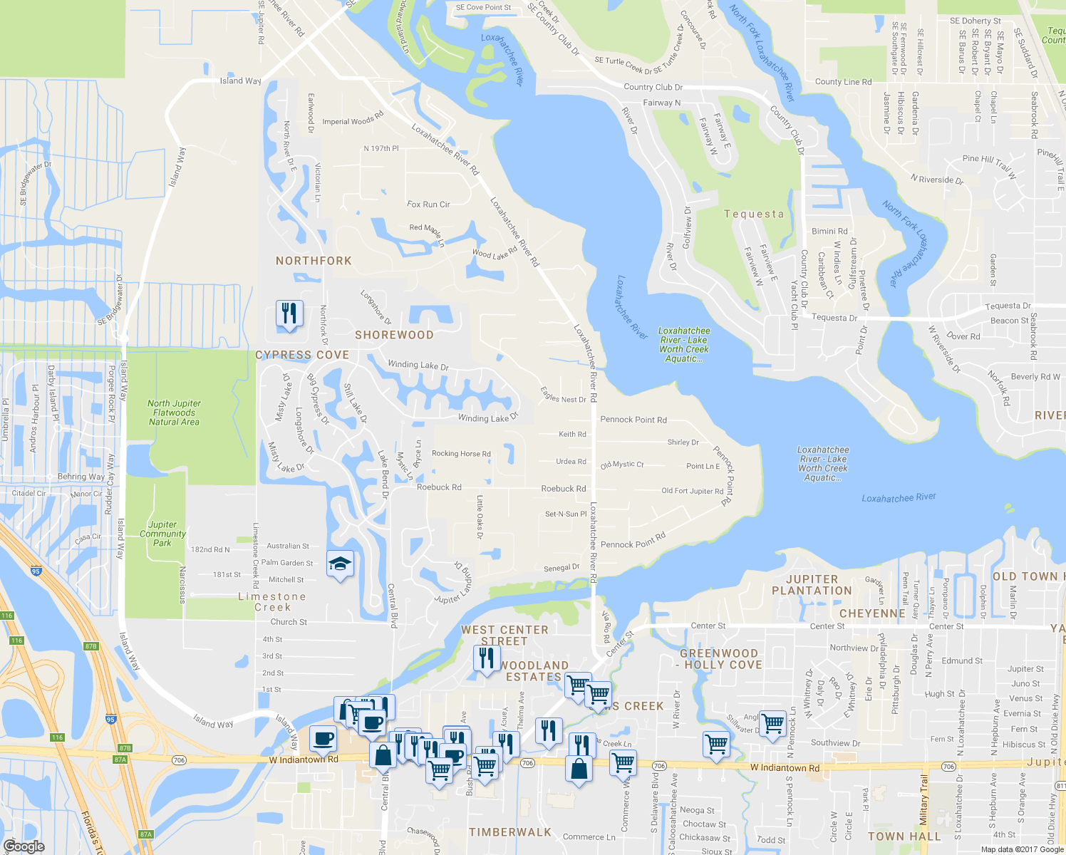 map of restaurants, bars, coffee shops, grocery stores, and more near 5975 Keith Road in Jupiter