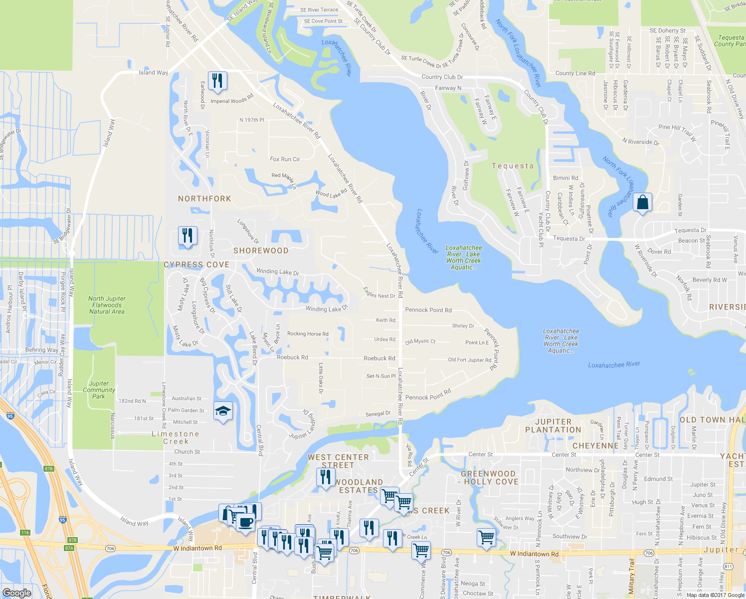 map of restaurants, bars, coffee shops, grocery stores, and more near 18815 South Golden Hawk Trail in Jupiter