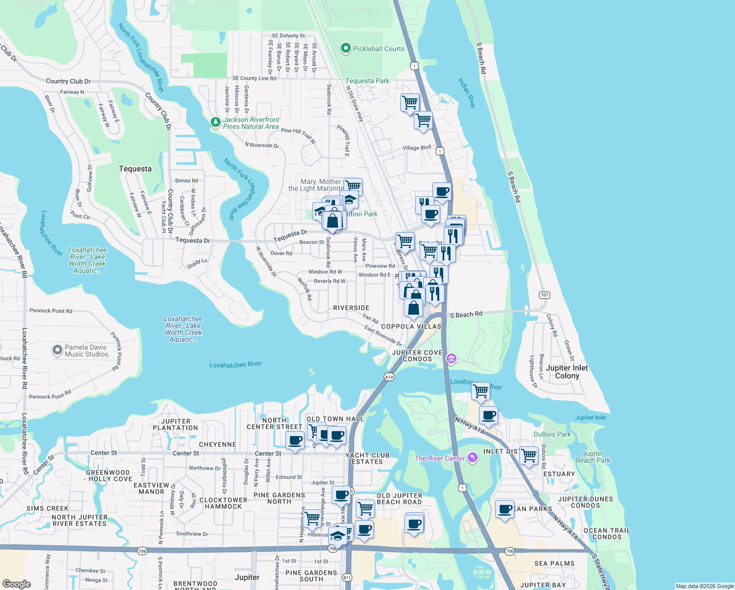 map of restaurants, bars, coffee shops, grocery stores, and more near 1521 Treemont Avenue in Jupiter