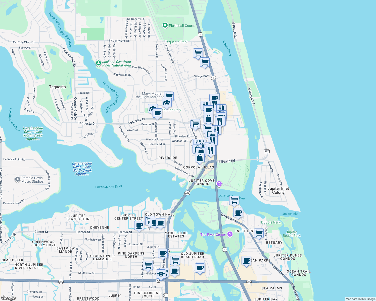 map of restaurants, bars, coffee shops, grocery stores, and more near 1523 Berkshire Avenue in Jupiter