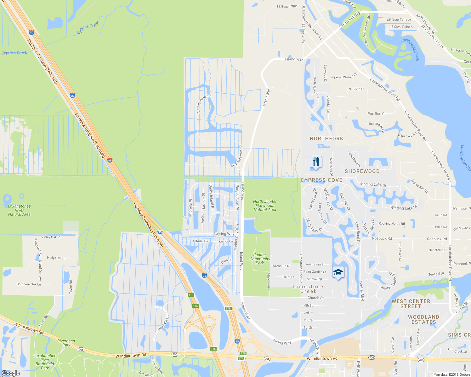 map of restaurants, bars, coffee shops, grocery stores, and more near 120 Porgee Rock Place in Jupiter