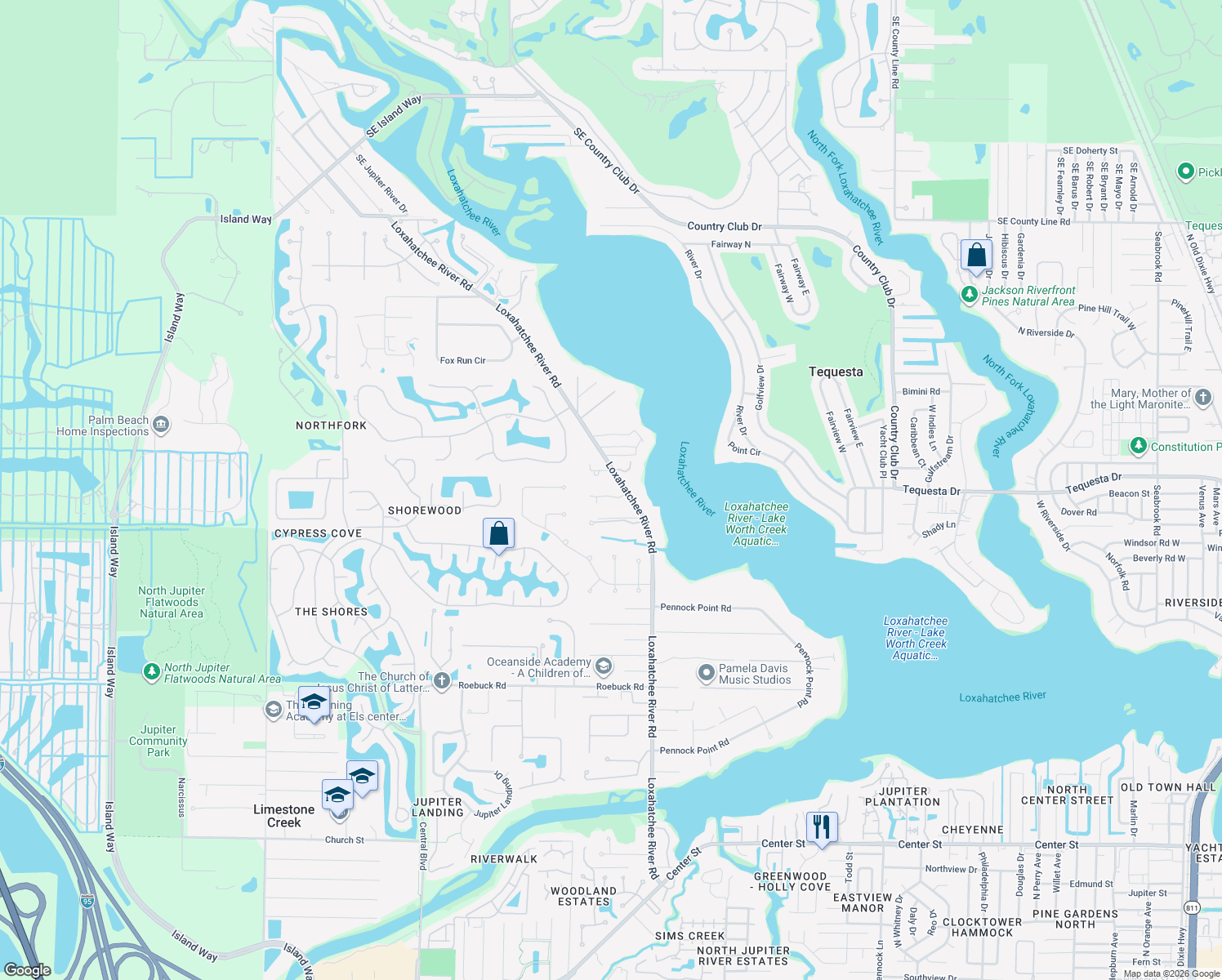 map of restaurants, bars, coffee shops, grocery stores, and more near 5853 River Isle Road in Jupiter