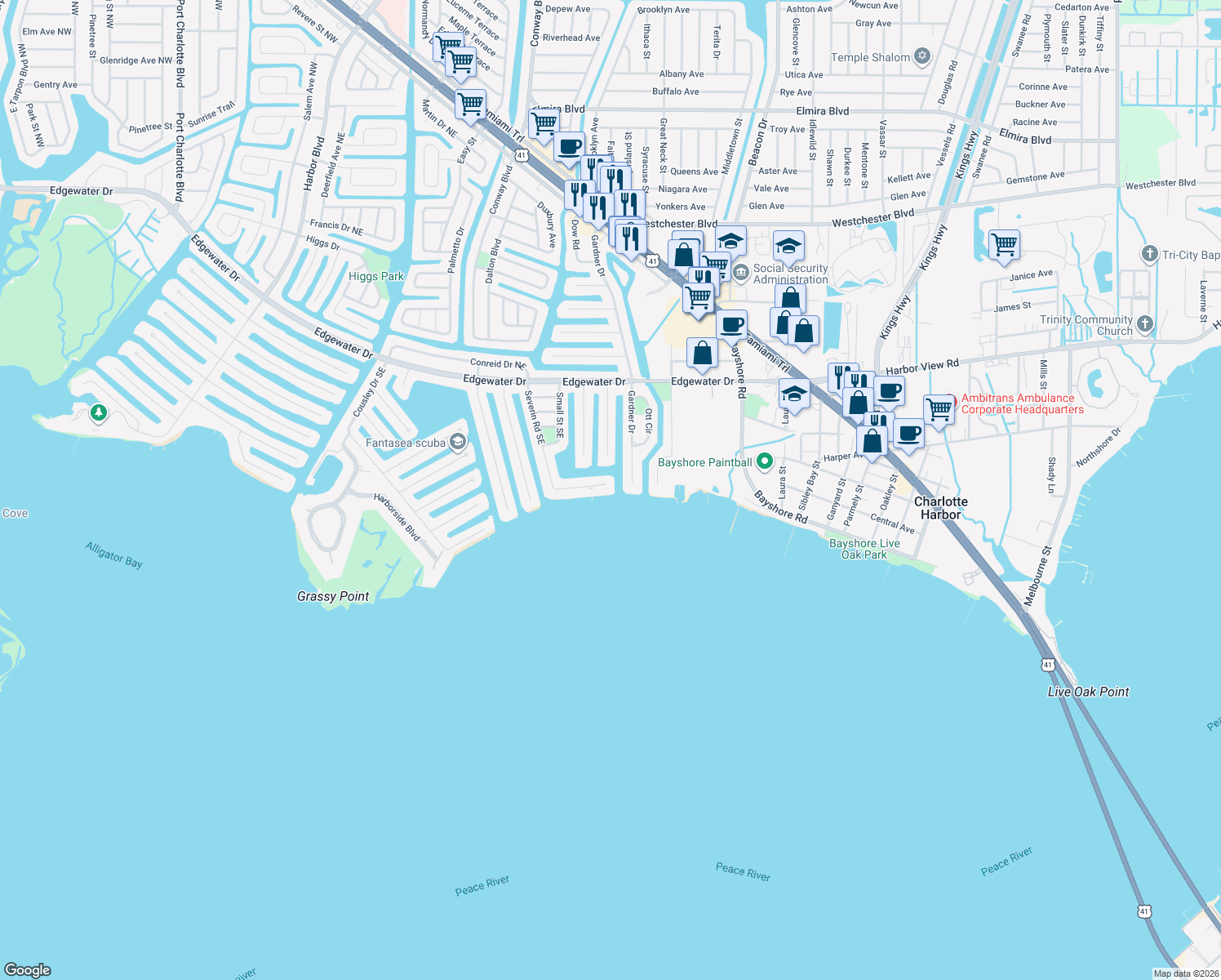map of restaurants, bars, coffee shops, grocery stores, and more near 373 Severin Road Southeast in Port Charlotte