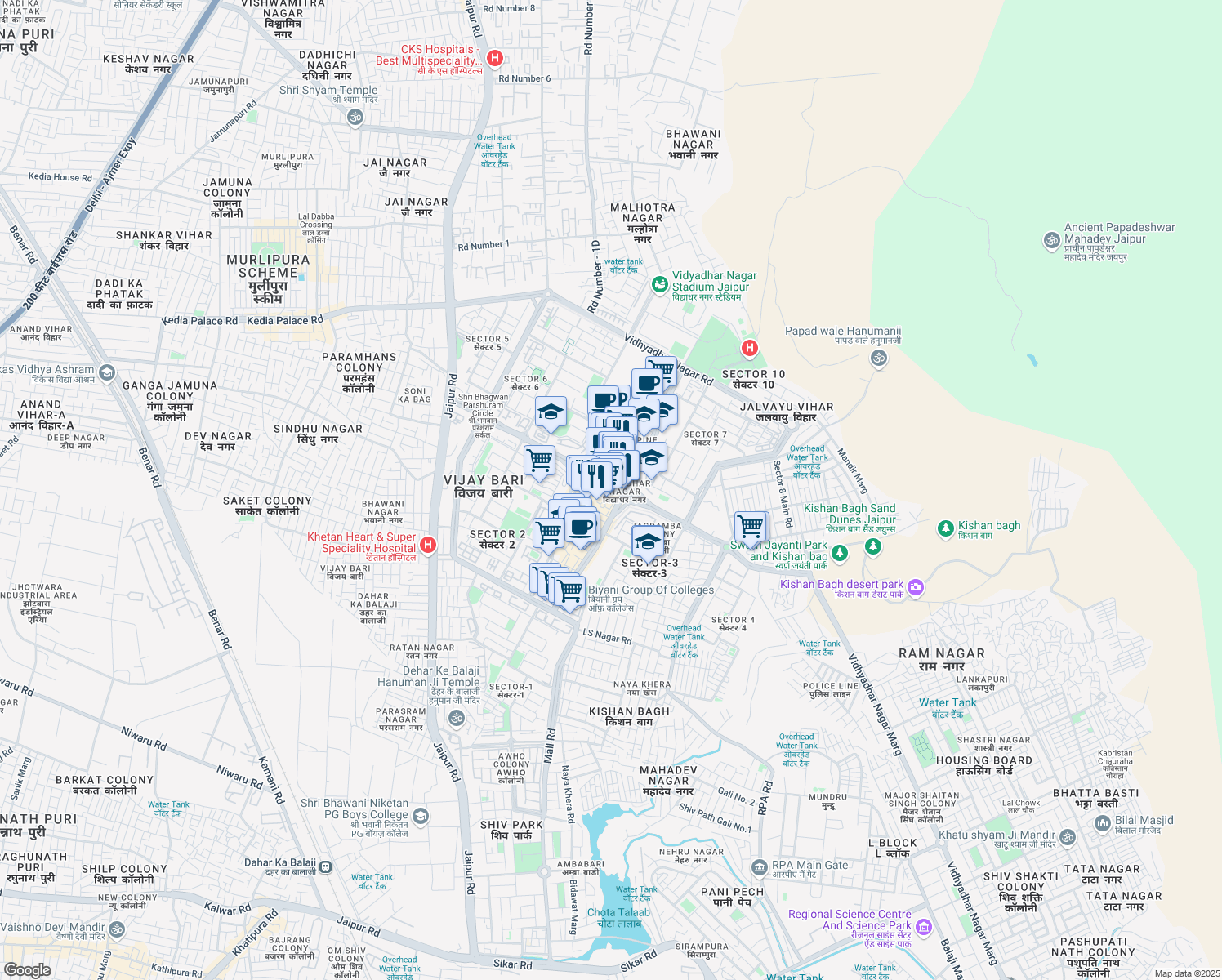 map of restaurants, bars, coffee shops, grocery stores, and more near Central Spine Road in Jaipur
