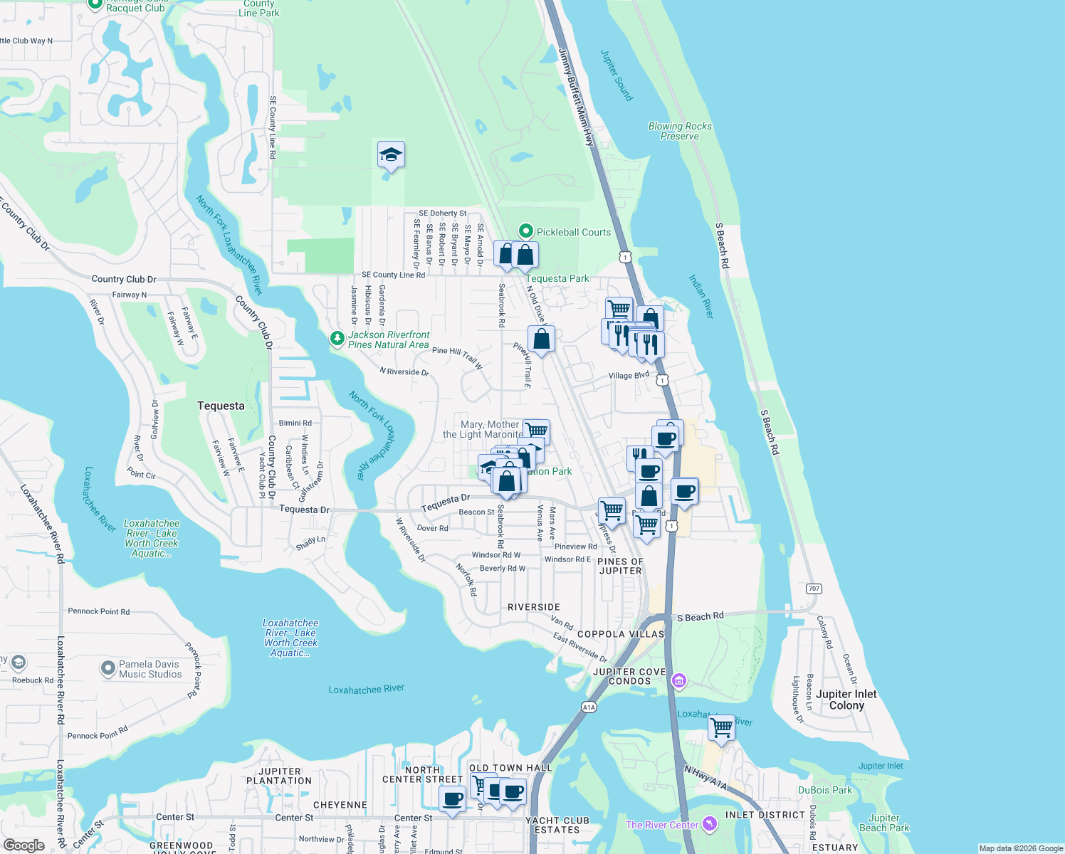 map of restaurants, bars, coffee shops, grocery stores, and more near 24 Pinetree Circle in Jupiter