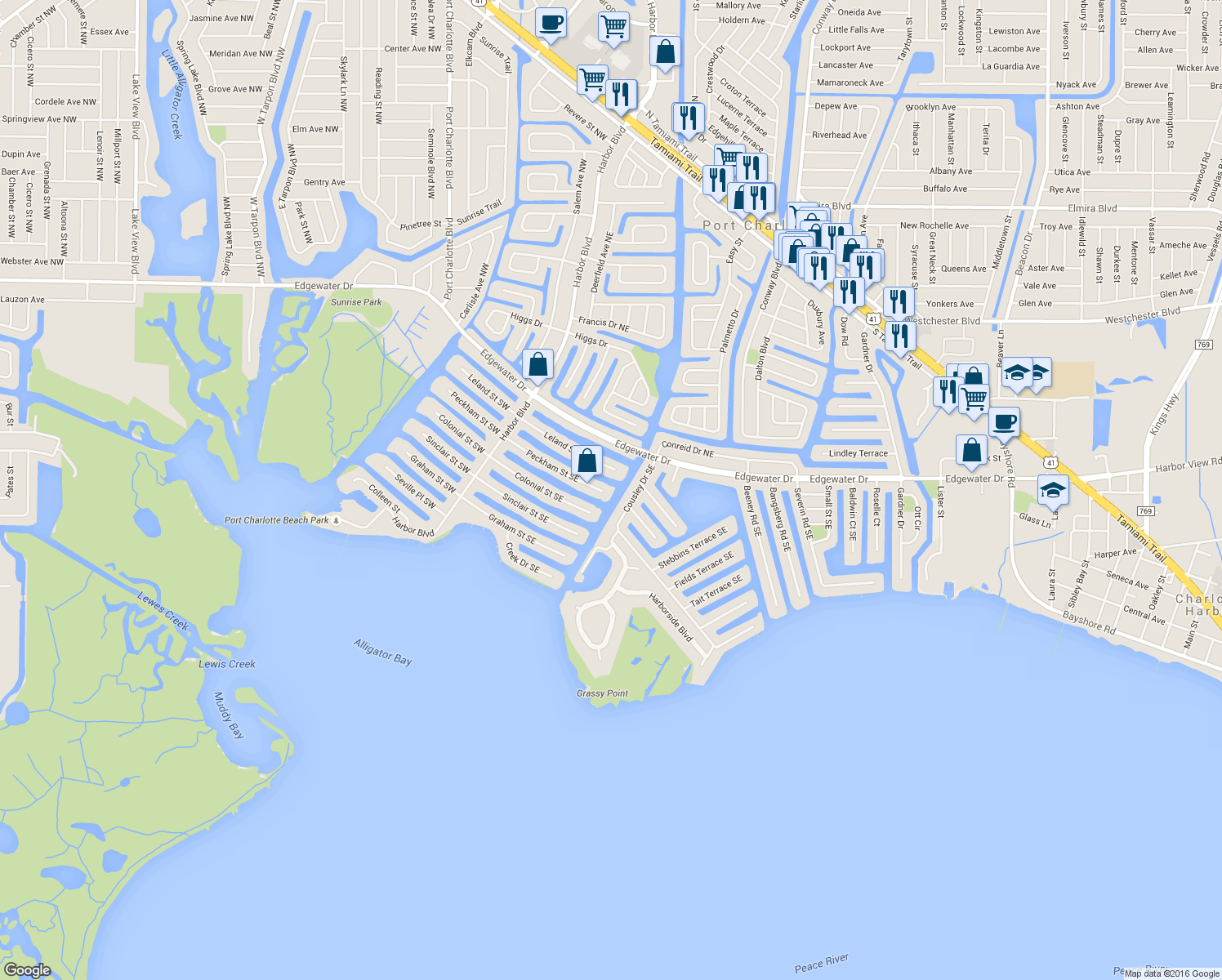 map of restaurants, bars, coffee shops, grocery stores, and more near 148 Peckham Street Southeast in Port Charlotte