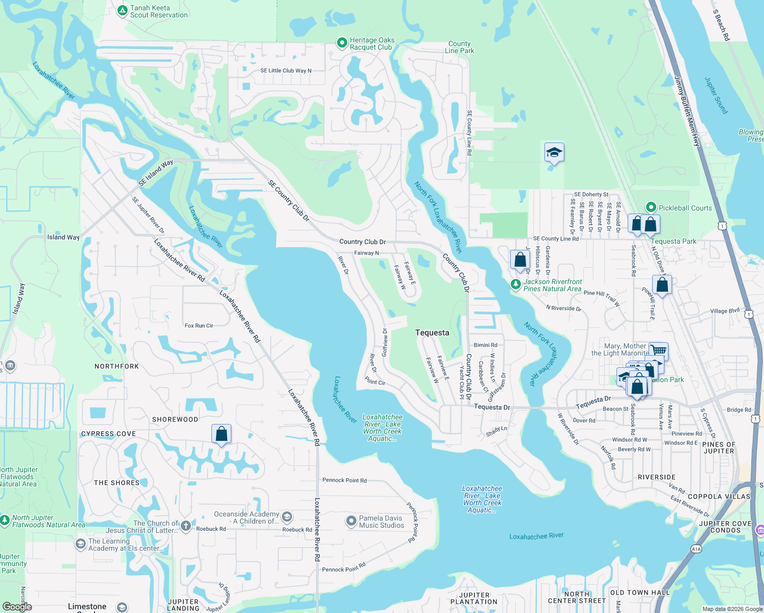 map of restaurants, bars, coffee shops, grocery stores, and more near 222 Golfview Drive in Jupiter