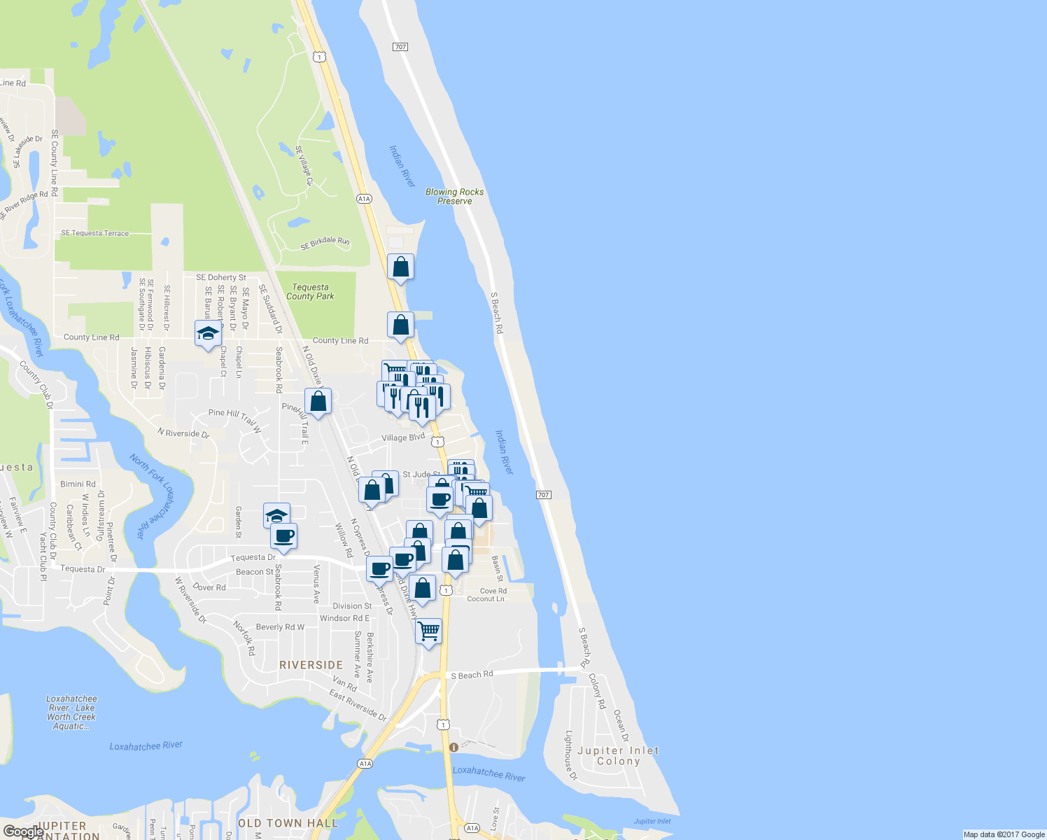 map of restaurants, bars, coffee shops, grocery stores, and more near 19700 S Beach Rd in Jupiter Island