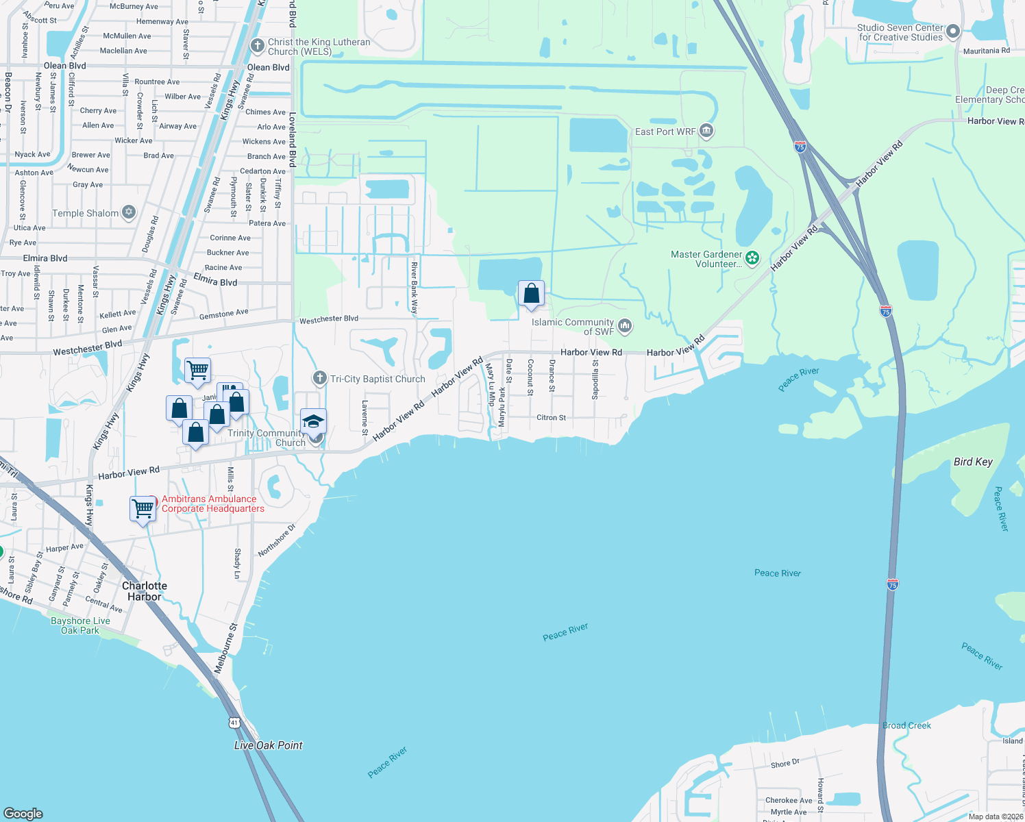 map of restaurants, bars, coffee shops, grocery stores, and more near 139 Date Street in Port Charlotte
