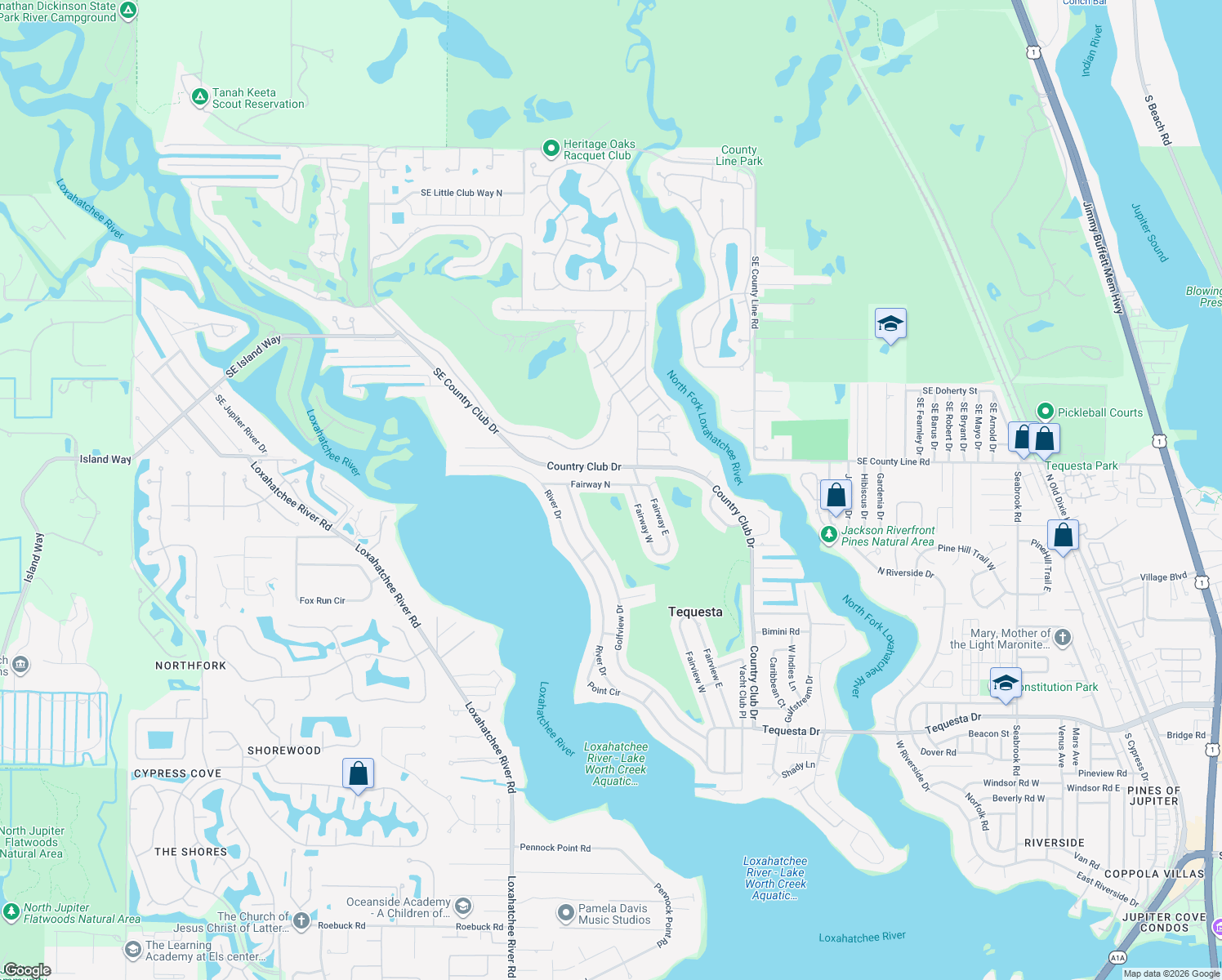 map of restaurants, bars, coffee shops, grocery stores, and more near 325 Fairway North in Jupiter