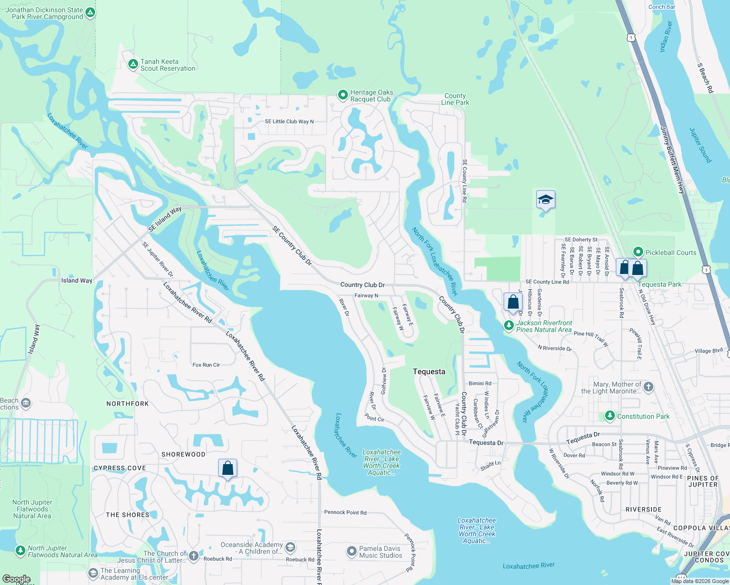 map of restaurants, bars, coffee shops, grocery stores, and more near 342 Fairway North in Jupiter