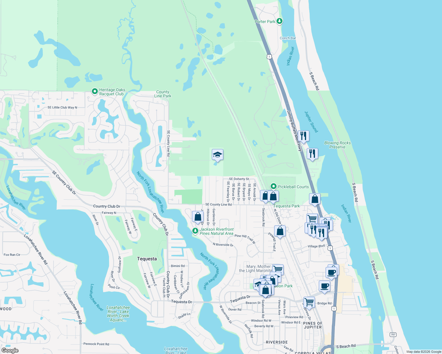 map of restaurants, bars, coffee shops, grocery stores, and more near 18909 Southeast Homewood Avenue in Jupiter