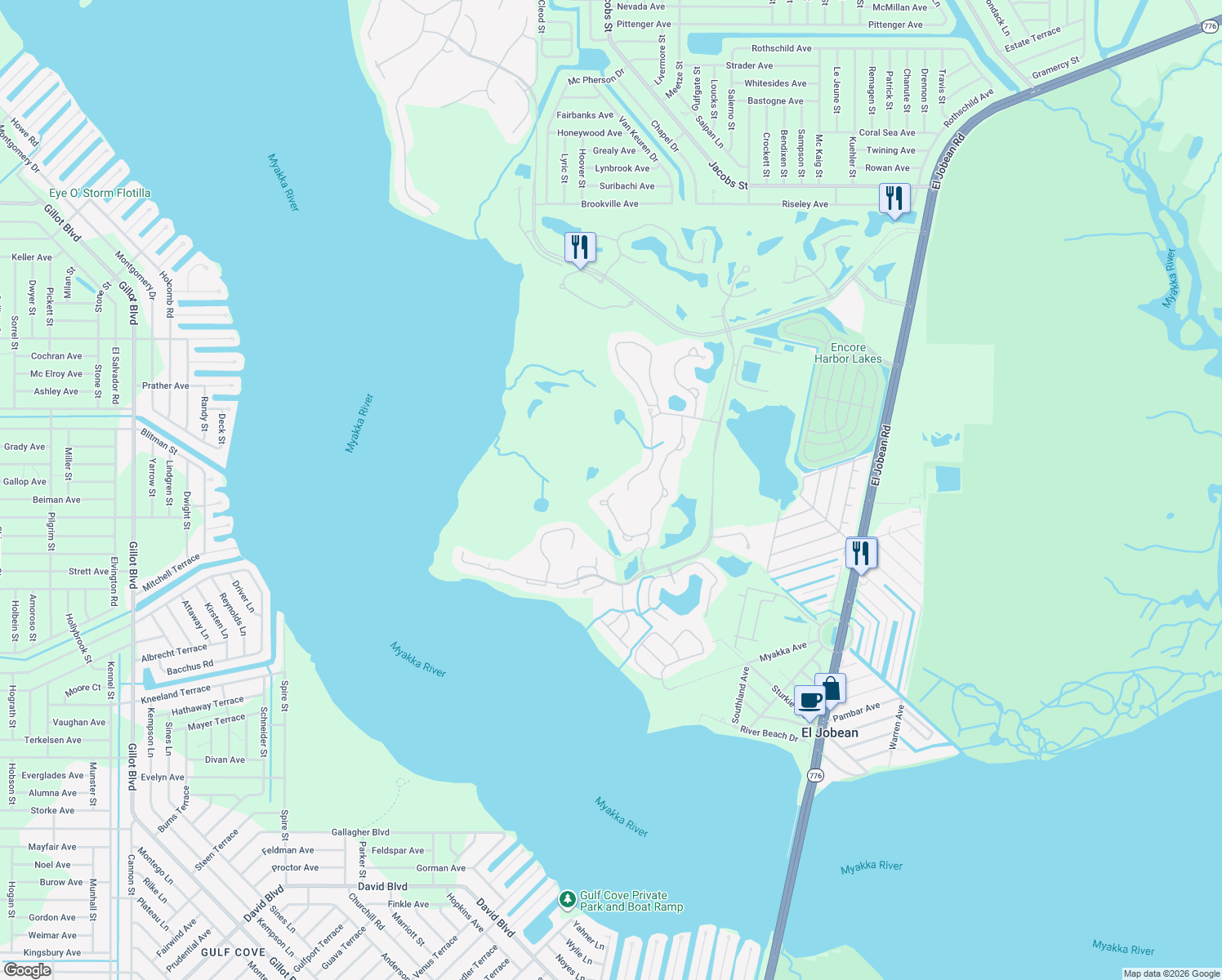 map of restaurants, bars, coffee shops, grocery stores, and more near 3658 Pennyroyal Road in Port Charlotte