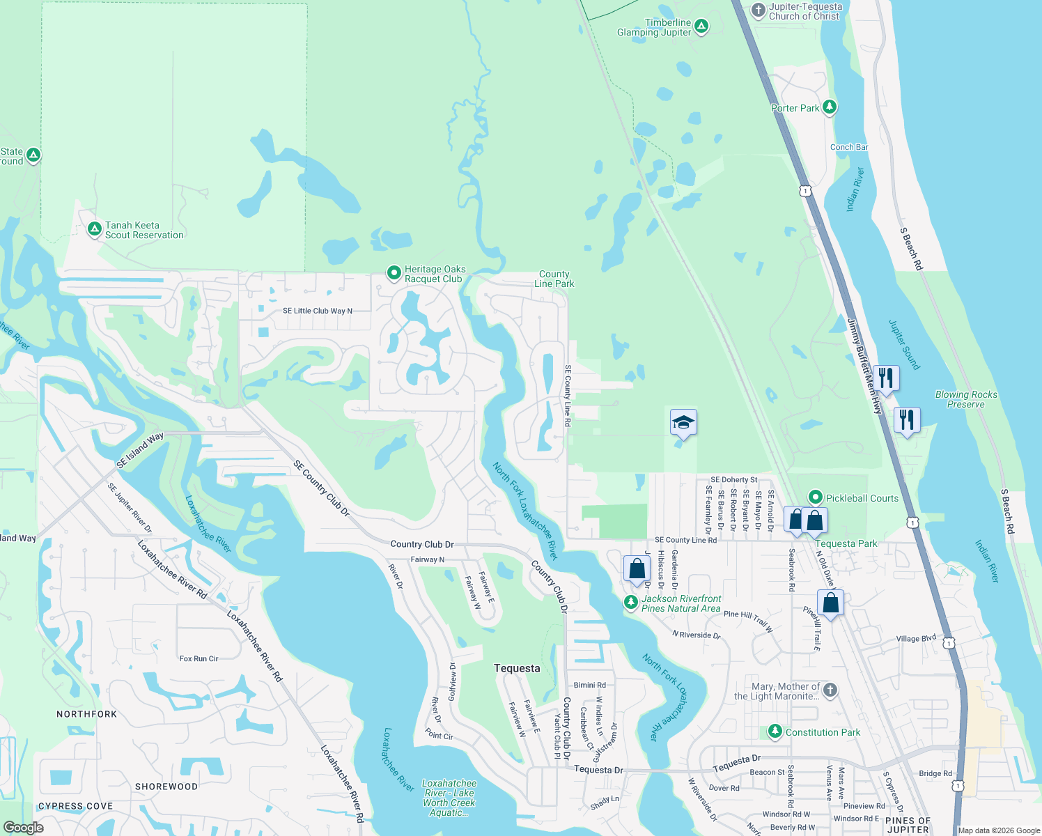 map of restaurants, bars, coffee shops, grocery stores, and more near 18796 Southeast River Ridge Road in Tequesta