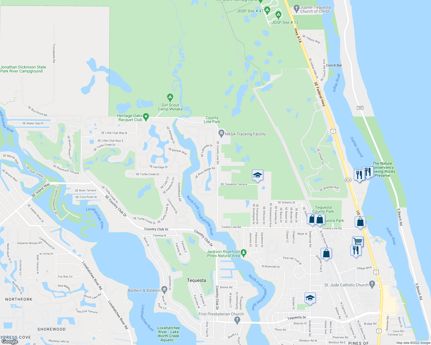 map of restaurants, bars, coffee shops, grocery stores, and more near in Jupiter