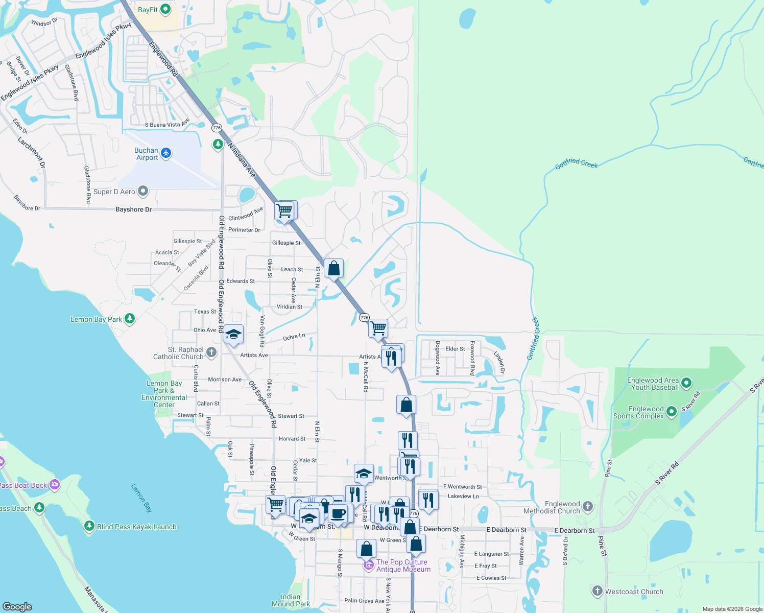 map of restaurants, bars, coffee shops, grocery stores, and more near 716 Watersedge Street in Englewood