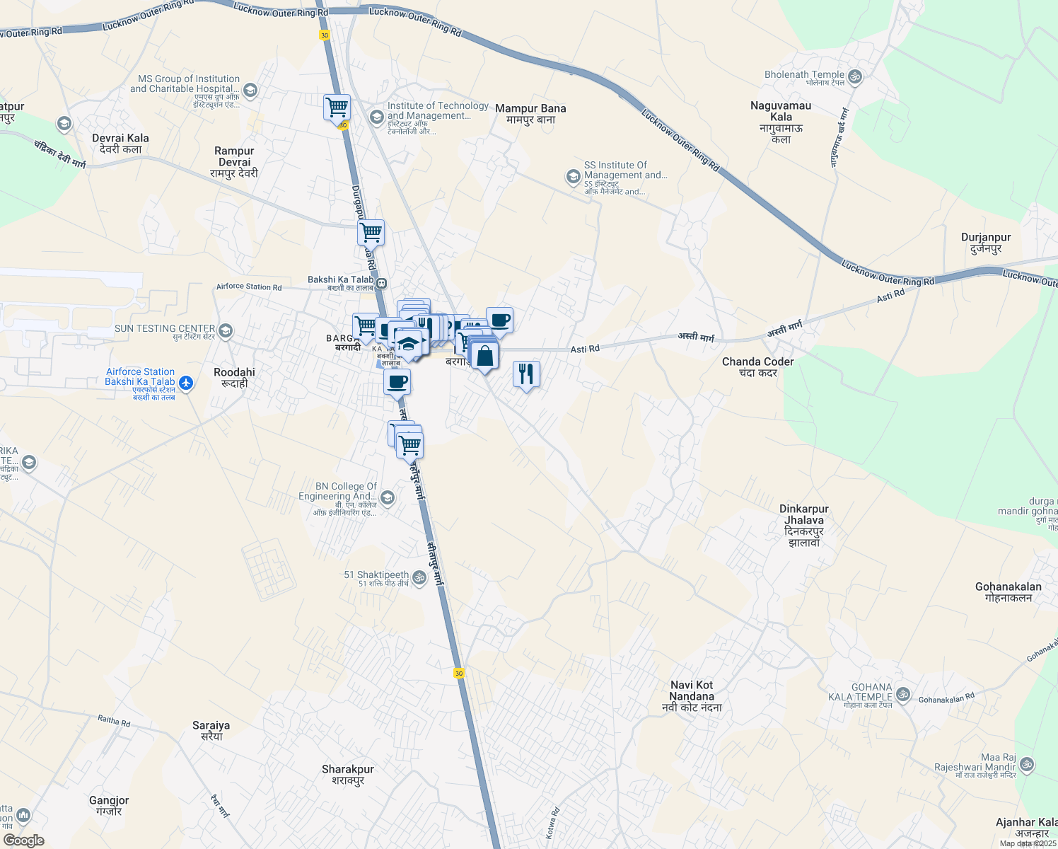 map of restaurants, bars, coffee shops, grocery stores, and more near Sitapur Road in Lucknow