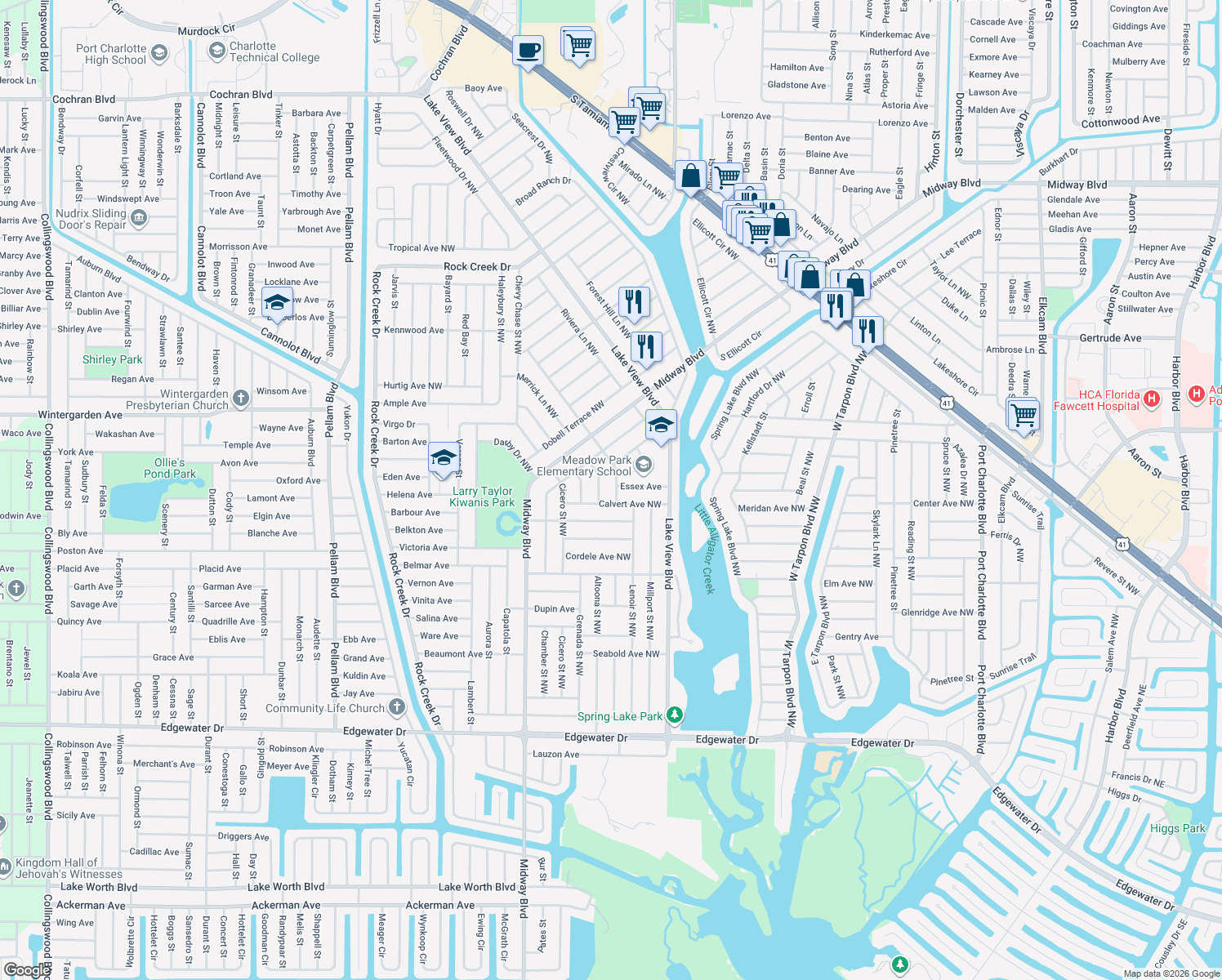 map of restaurants, bars, coffee shops, grocery stores, and more near 618 Edgemere Street Northwest in Port Charlotte