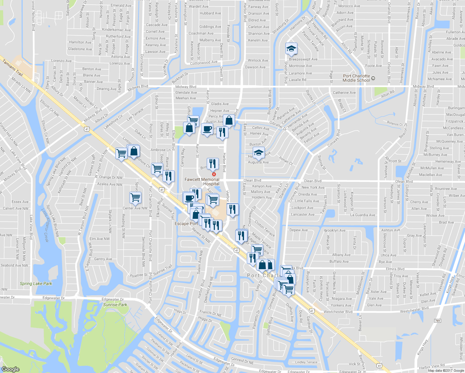 map of restaurants, bars, coffee shops, grocery stores, and more near 21405 Olean Boulevard in Port Charlotte