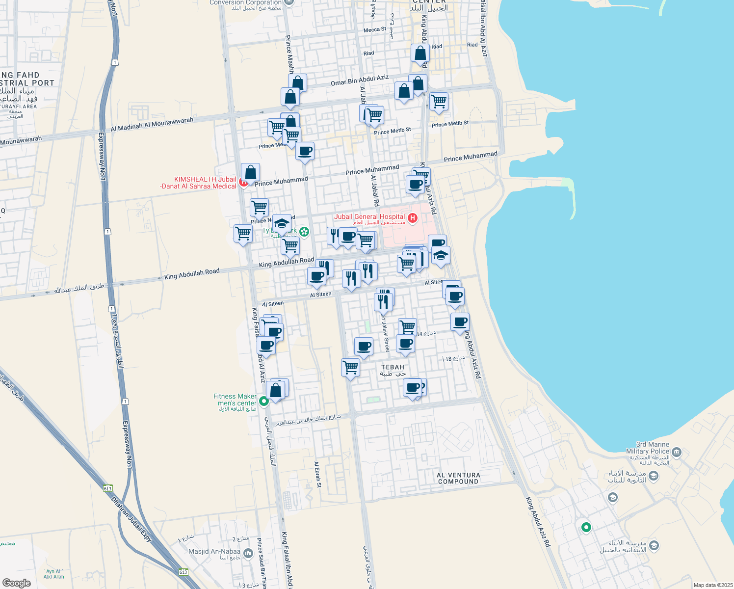 map of restaurants, bars, coffee shops, grocery stores, and more near 2459 Al Siteen in Al Jubayl