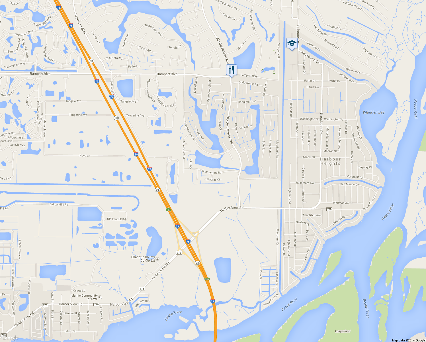 map of restaurants, bars, coffee shops, grocery stores, and more near 26168 Constantine Road in Punta Gorda