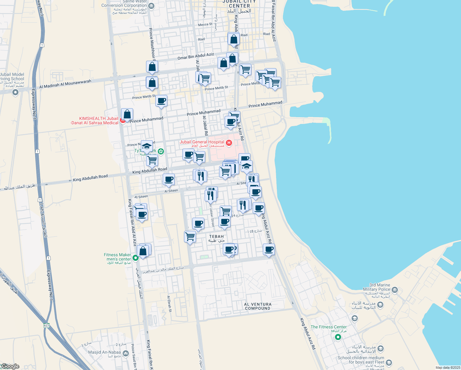 map of restaurants, bars, coffee shops, grocery stores, and more near 2879 Abu Bakr El Seddik Road in Al Jubayl