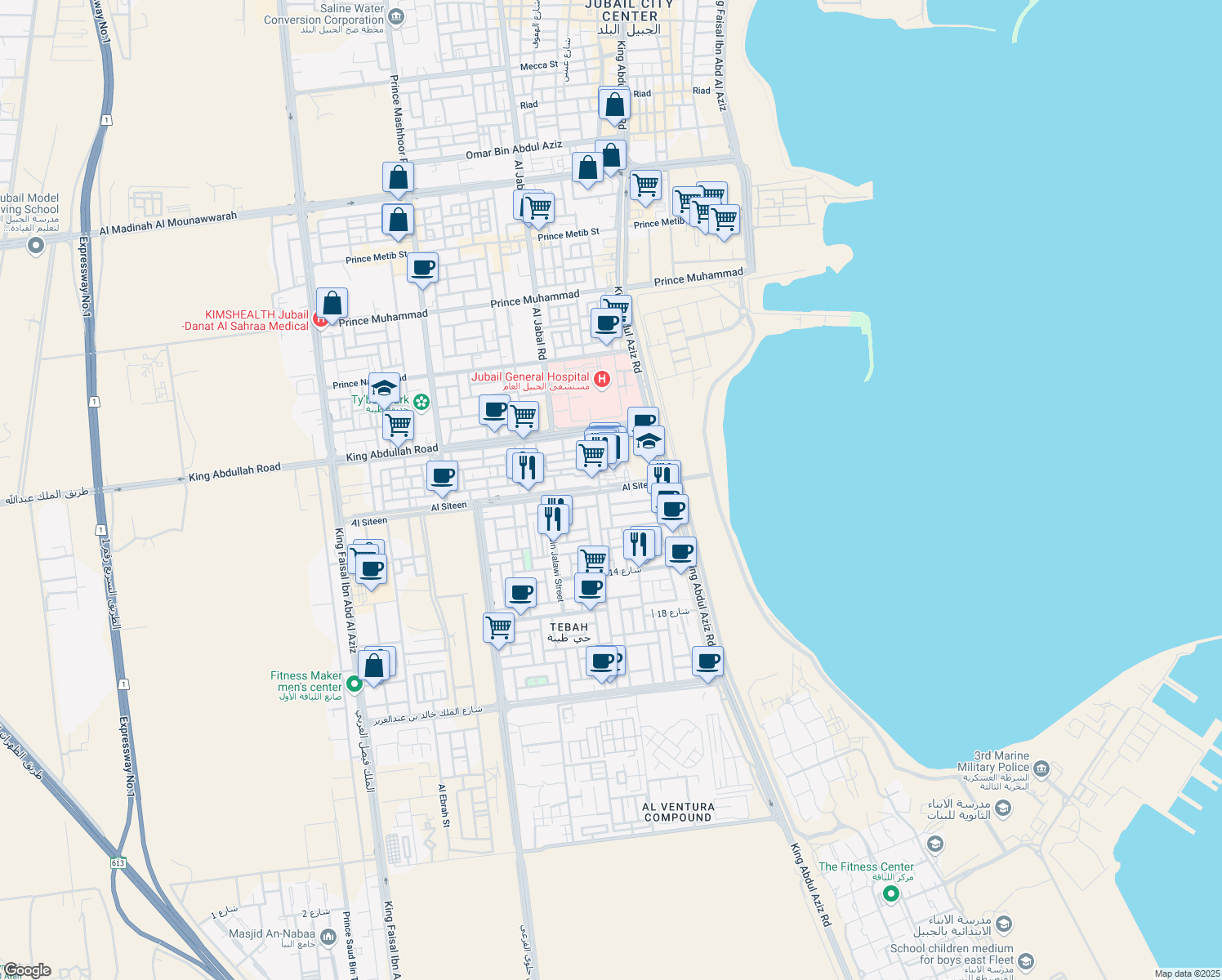 map of restaurants, bars, coffee shops, grocery stores, and more near 2906 Abu Bakr El Seddik Road in Al Jubayl