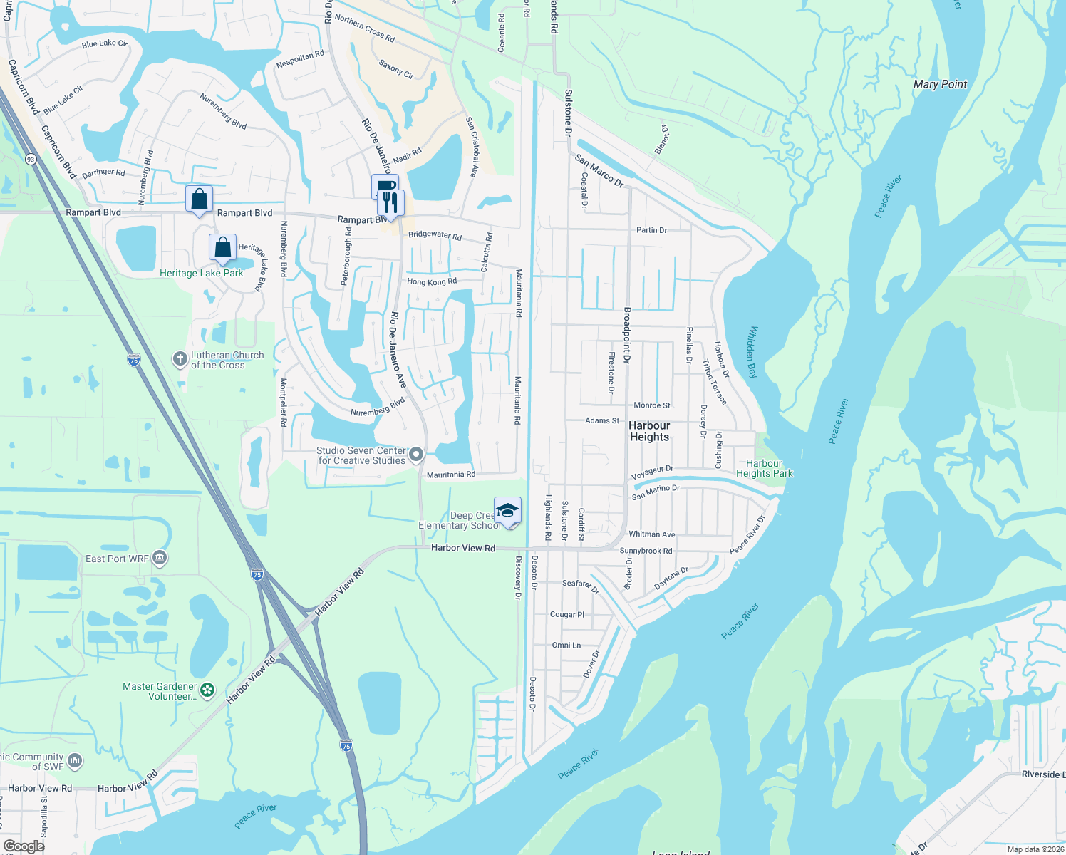map of restaurants, bars, coffee shops, grocery stores, and more near 2425 Dumont Drive in Punta Gorda