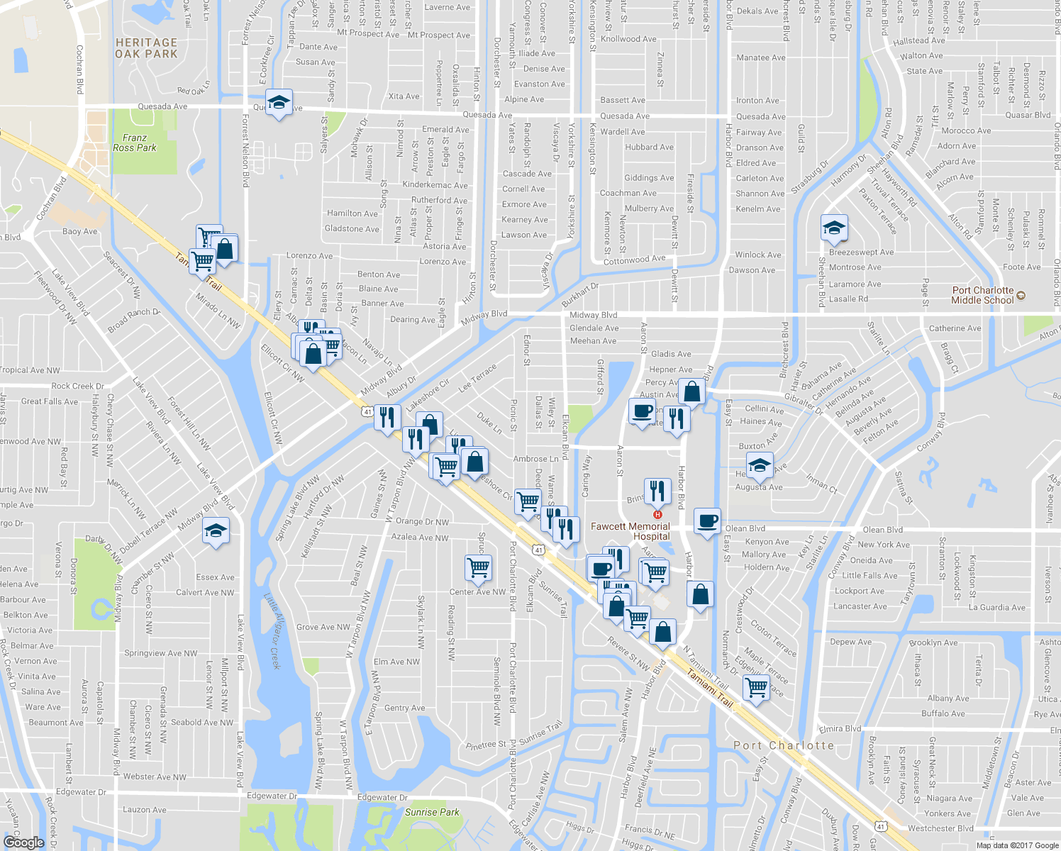 map of restaurants, bars, coffee shops, grocery stores, and more near 2352 Ednor Street in Port Charlotte