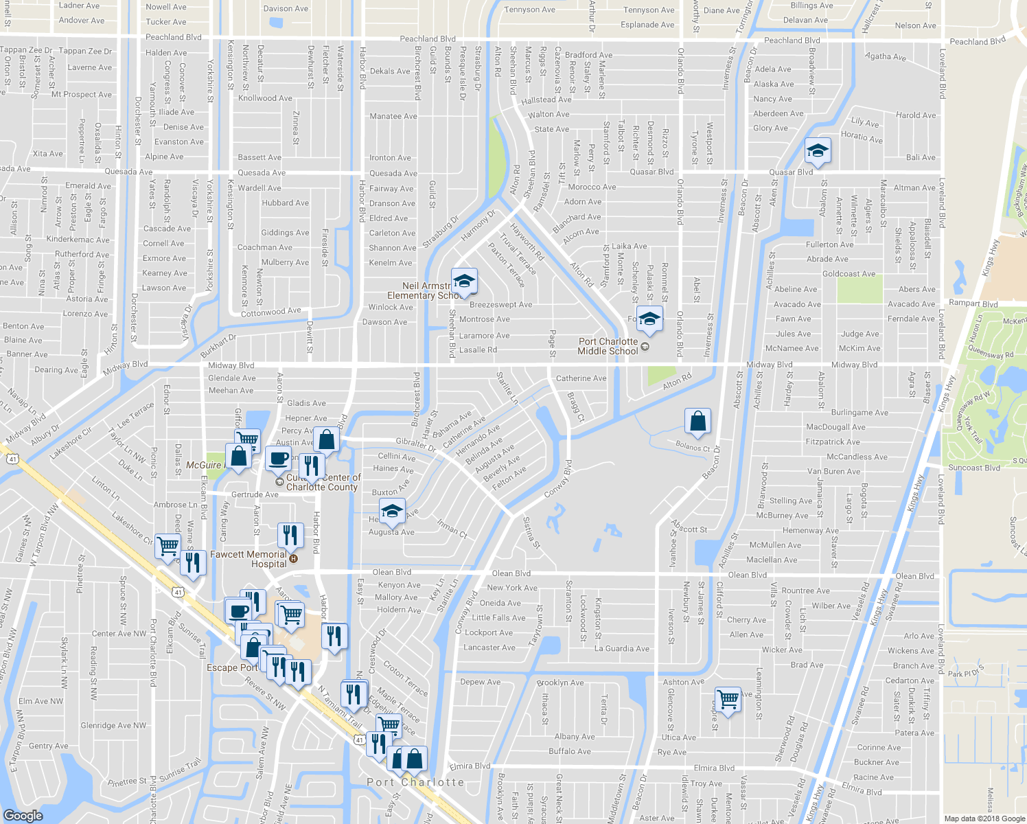 map of restaurants, bars, coffee shops, grocery stores, and more near 22282 Hernando Avenue in Port Charlotte