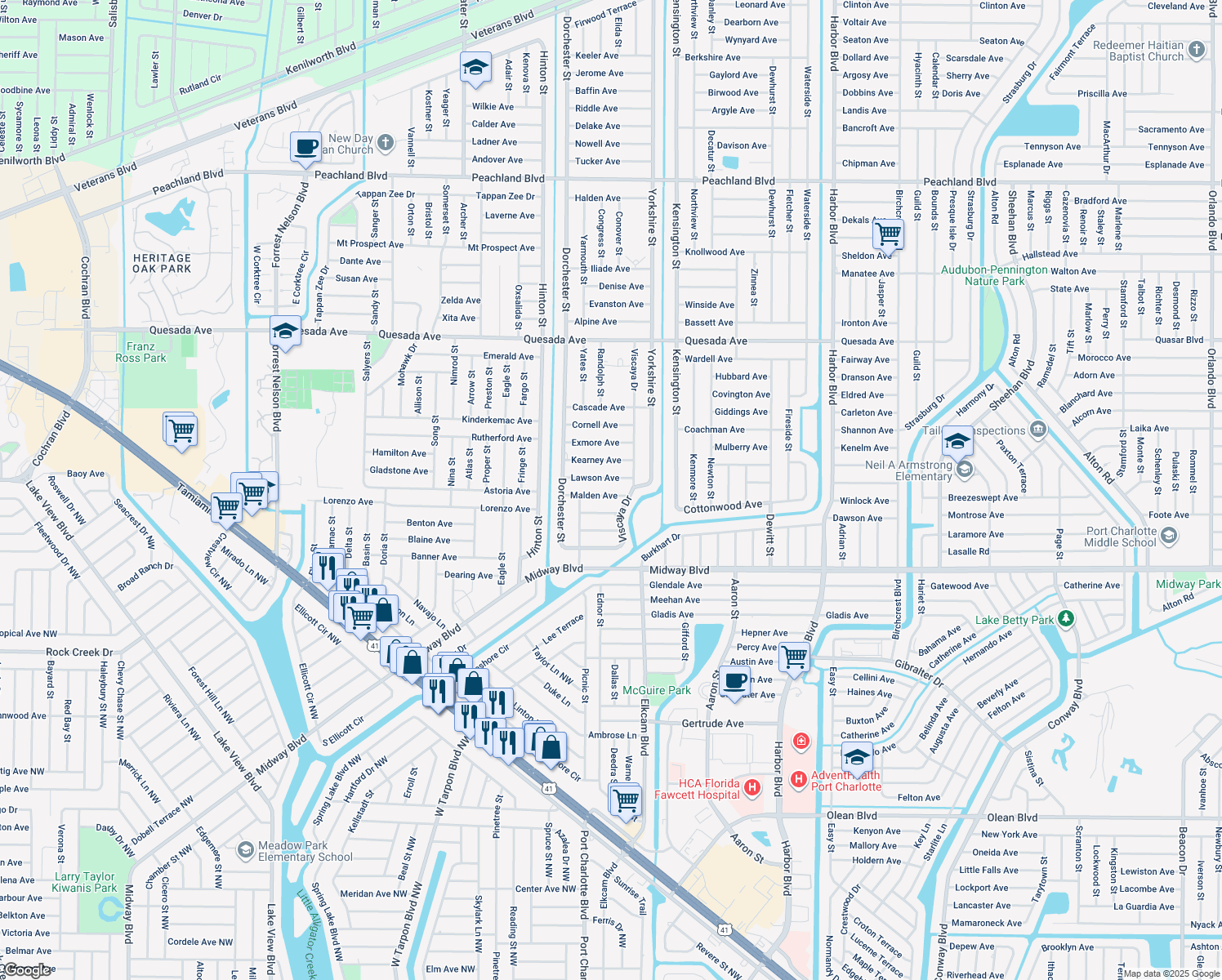 map of restaurants, bars, coffee shops, grocery stores, and more near 21044 Malden Avenue in Port Charlotte