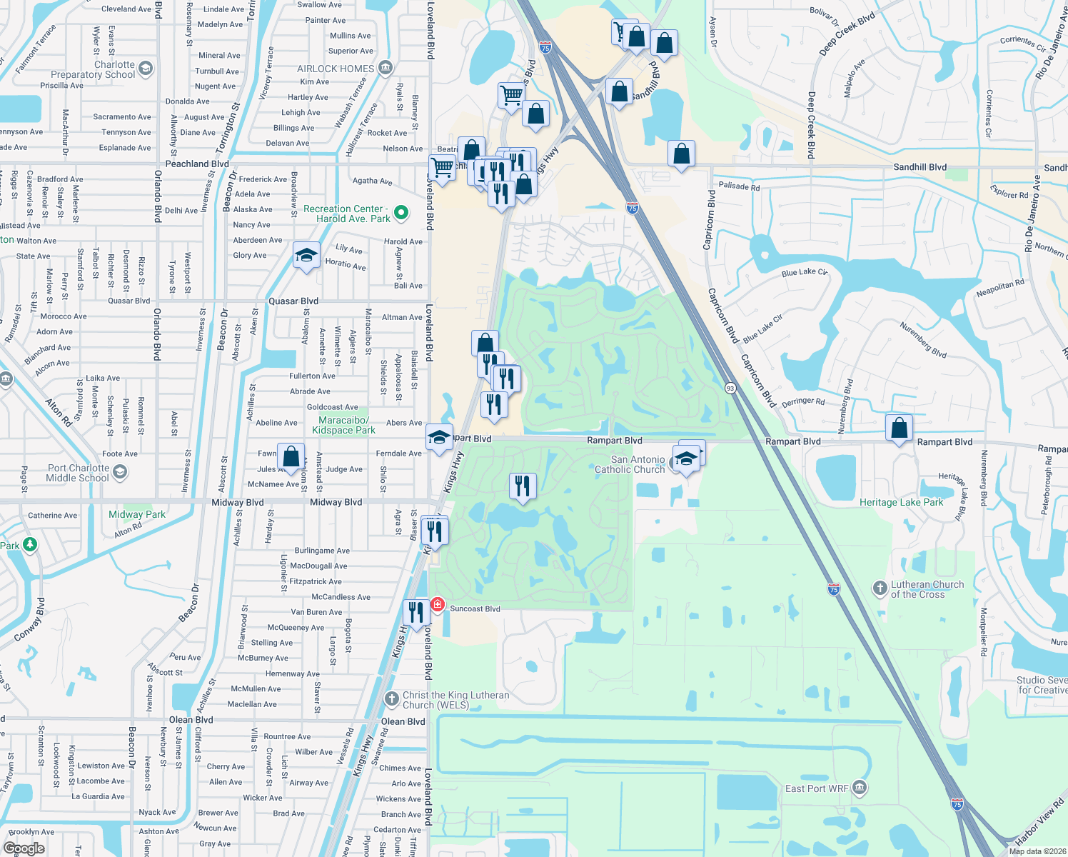 map of restaurants, bars, coffee shops, grocery stores, and more near 24108 Buckingham Way in Port Charlotte