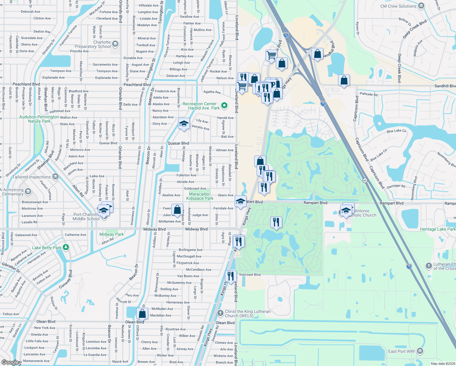 map of restaurants, bars, coffee shops, grocery stores, and more near 1447 Blaisdell Street in Port Charlotte