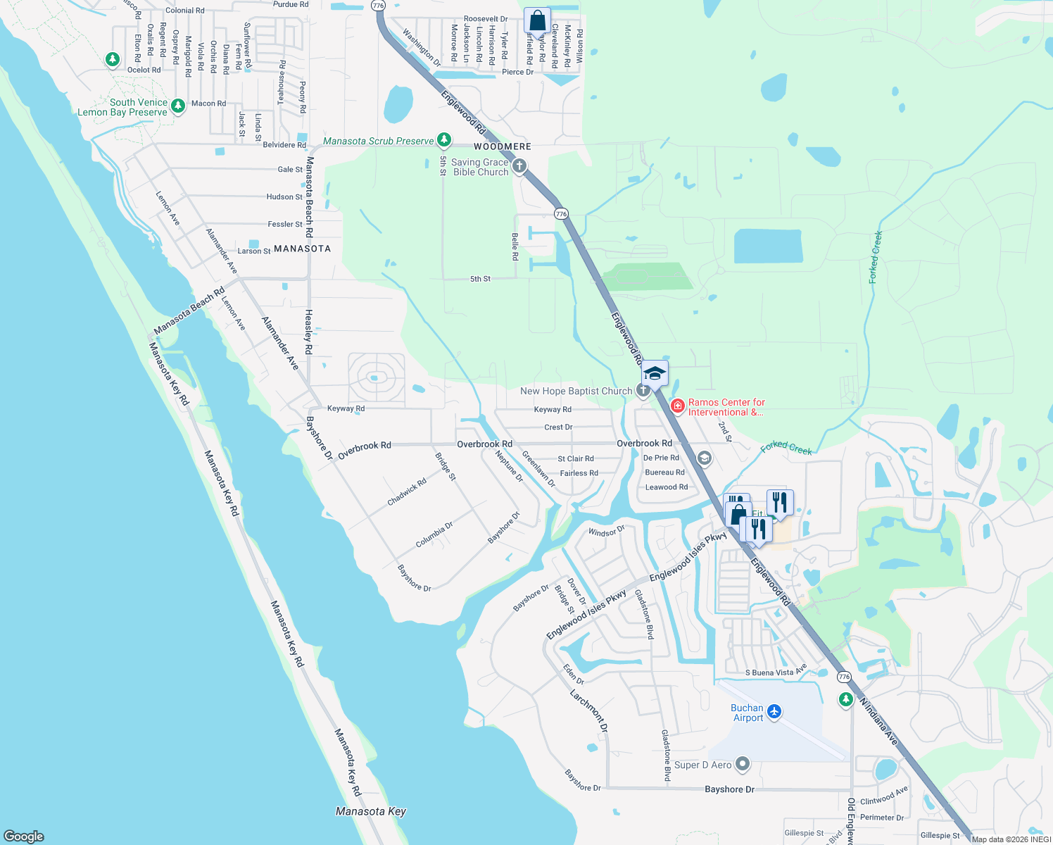 map of restaurants, bars, coffee shops, grocery stores, and more near 1540 Crest Drive in Englewood