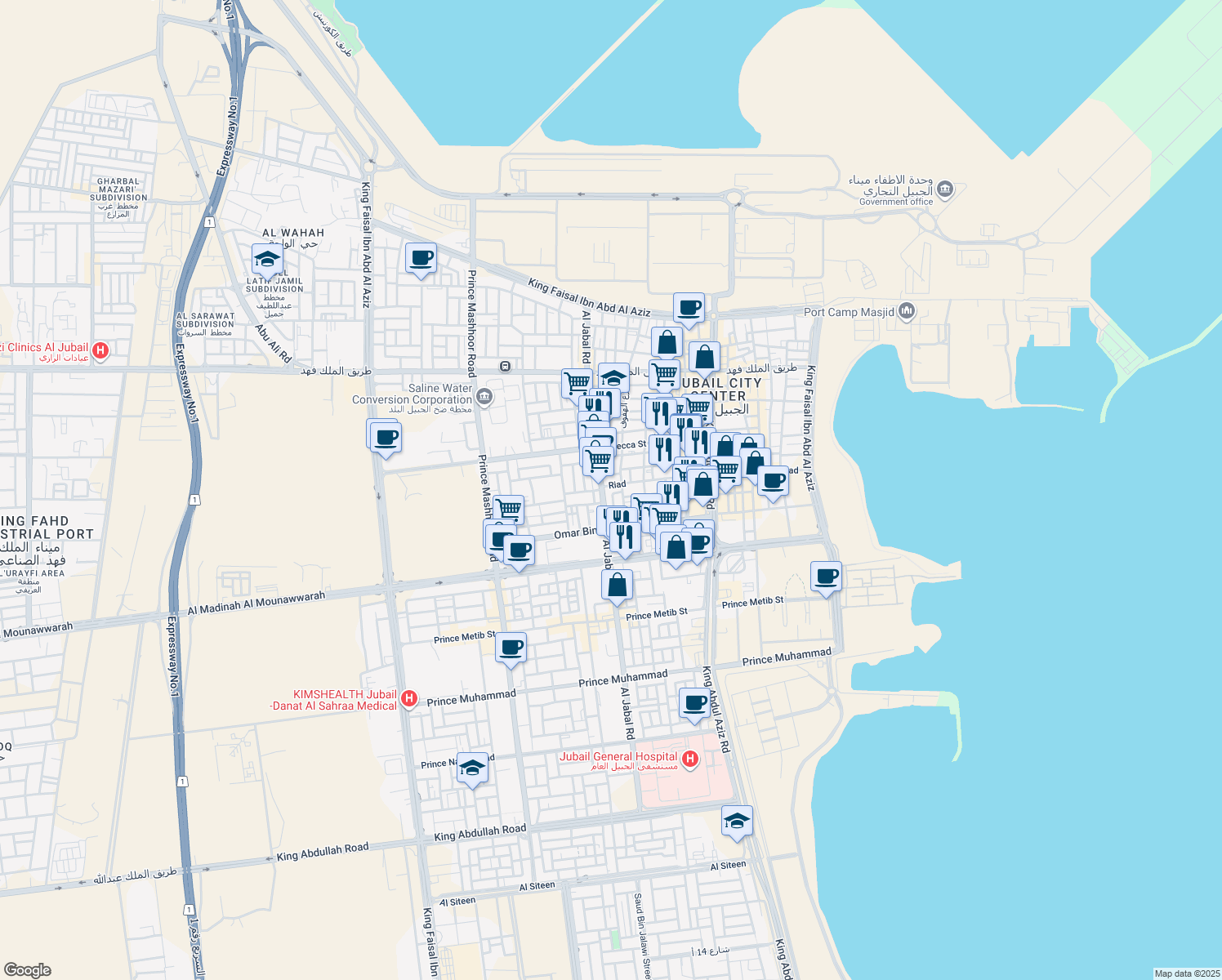 map of restaurants, bars, coffee shops, grocery stores, and more near 3253 Riad in Al Jubayl