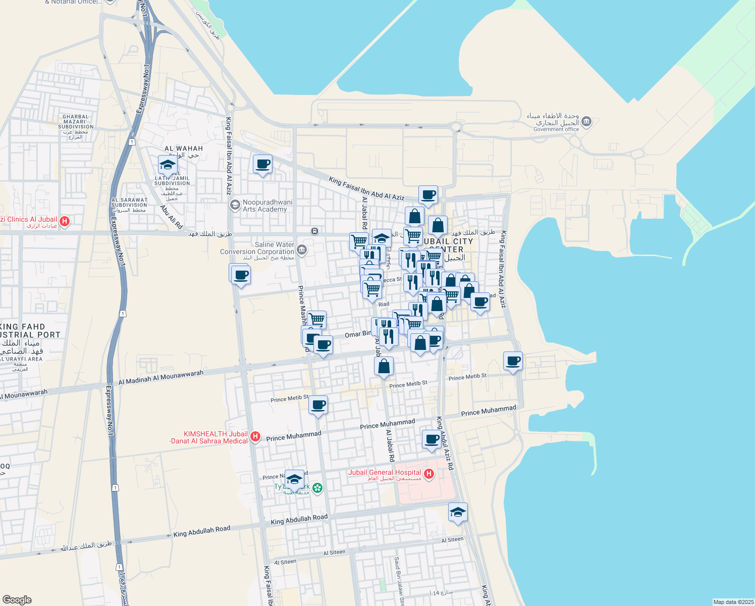 map of restaurants, bars, coffee shops, grocery stores, and more near 4074 Riad in Al Jubayl