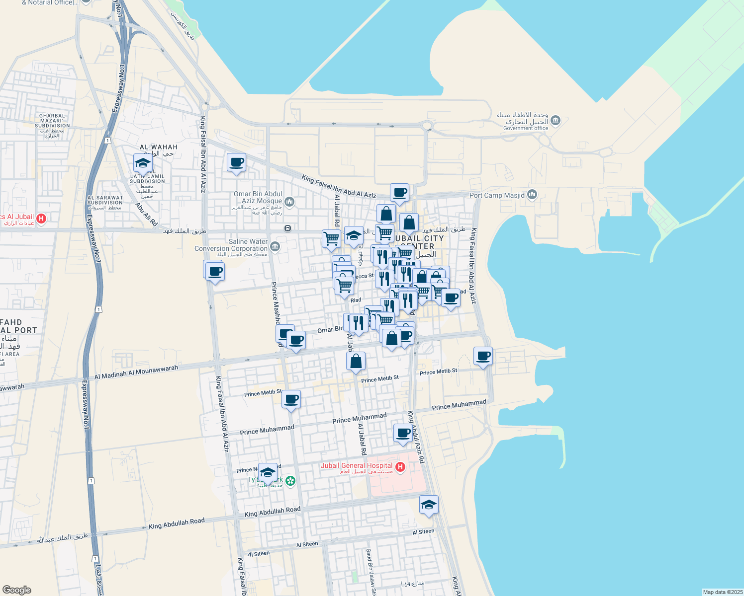 map of restaurants, bars, coffee shops, grocery stores, and more near in Al Jubail