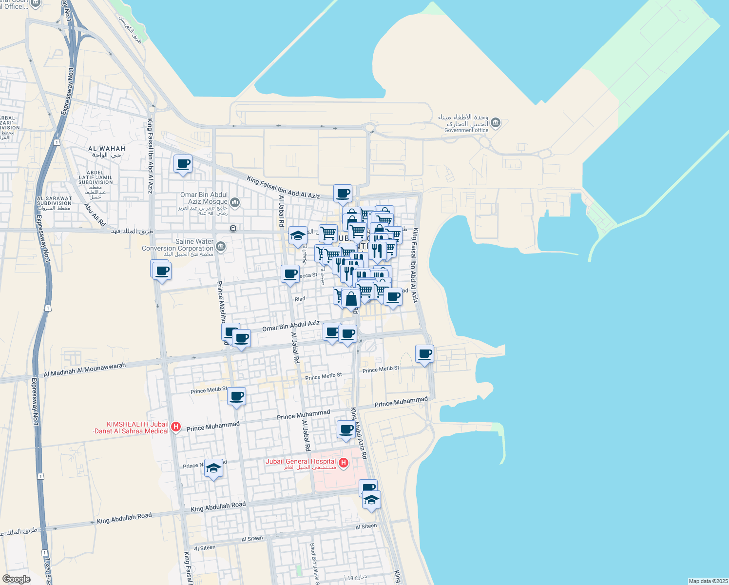 map of restaurants, bars, coffee shops, grocery stores, and more near 3240 Riyadh in Al Jubayl