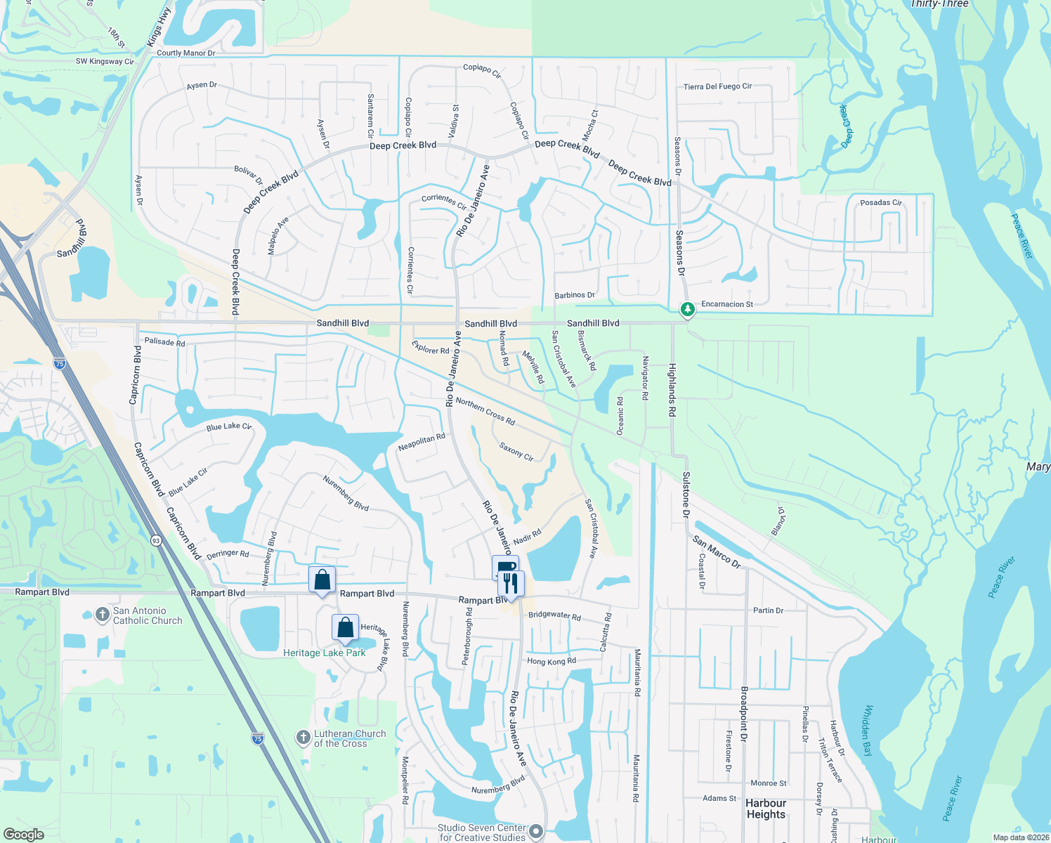 map of restaurants, bars, coffee shops, grocery stores, and more near 26246 Northern Cross Road in Punta Gorda