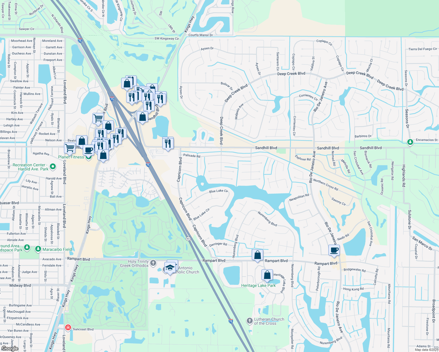 map of restaurants, bars, coffee shops, grocery stores, and more near 25204 Zodiac Lane in Punta Gorda
