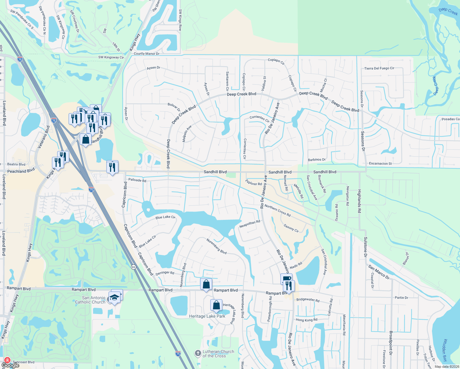 map of restaurants, bars, coffee shops, grocery stores, and more near 25500 Palisade Road in Punta Gorda